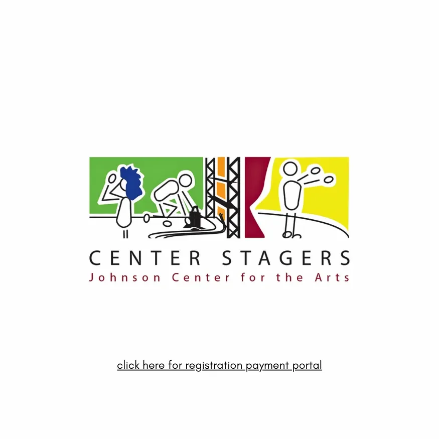 Logo for Center Stagers at Johnson Center for the Arts, featuring abstract colored figures and a stage with lighting.