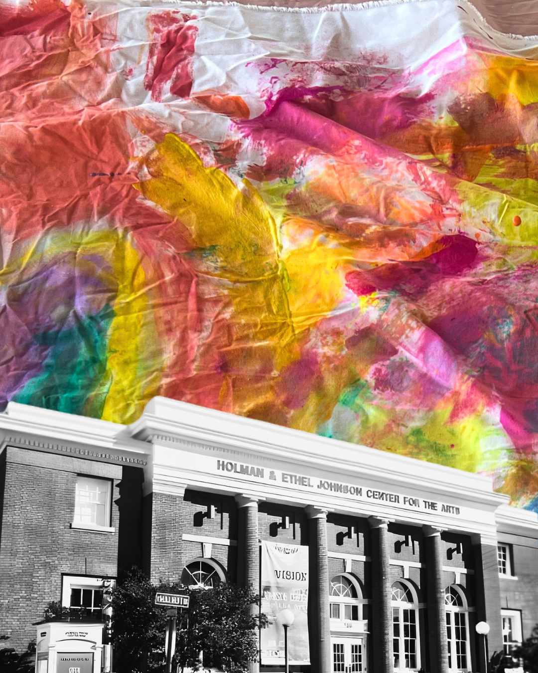 Colorful abstract painting on crumpled paper above a black-and-white photo of a classical style building with columns and the sign 'Holman & Ethel Johnson Center for the Arts'.