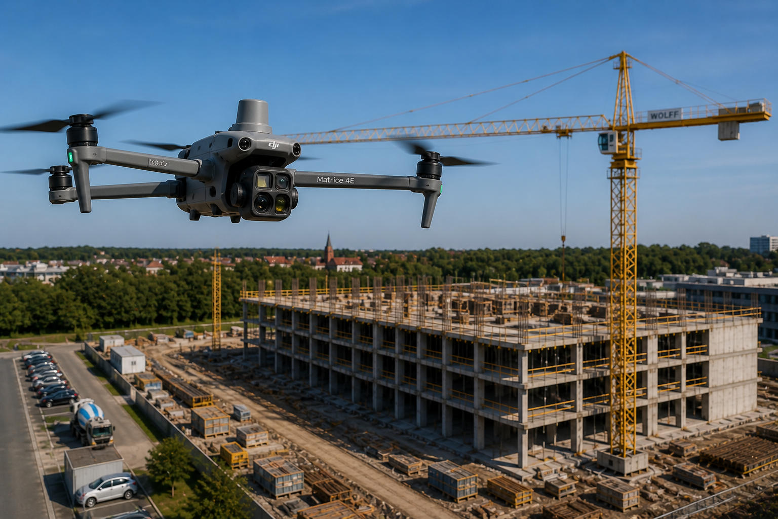Drohne fliegt über eine Baustelle mit einem mehrstöckigen Rohbau und einem großen Kran.