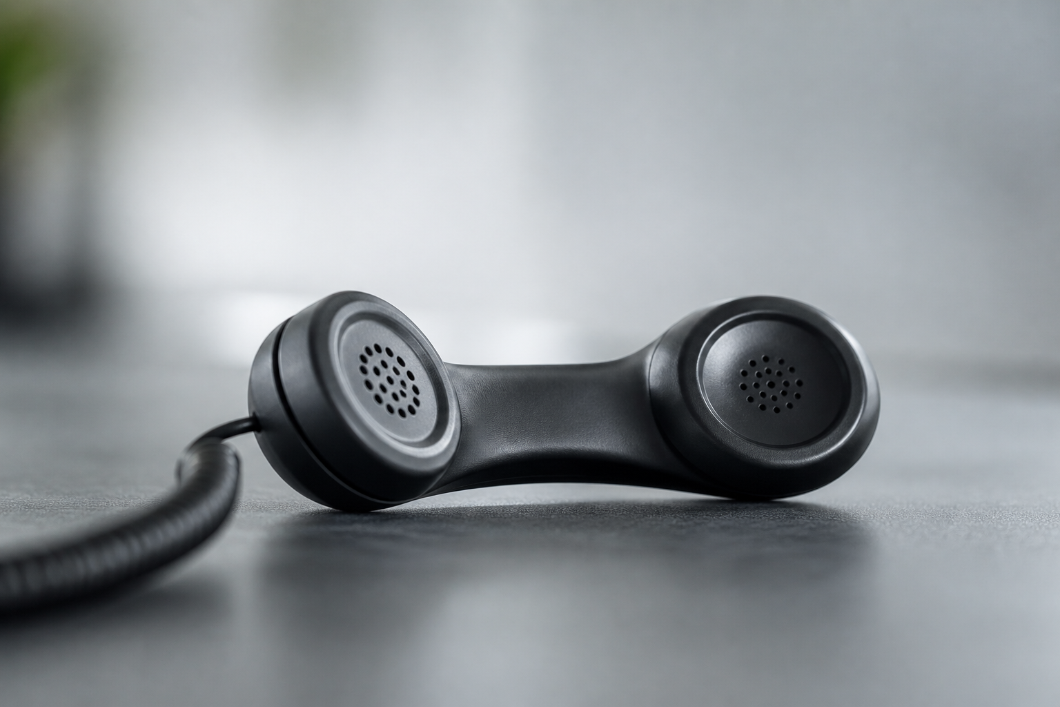 Schwarzes altes Telefon vom skandinavischen Stil auf einer glatten Oberfläche.