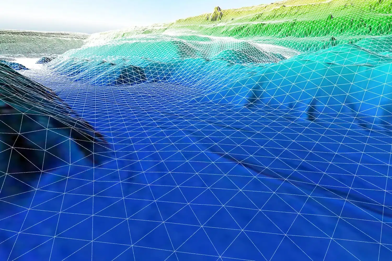 Digitales 3D-Topografiemodell mit Gitterlinien in Blau, Grün und Gelb, das eine hügelige Landschaft darstellt.
