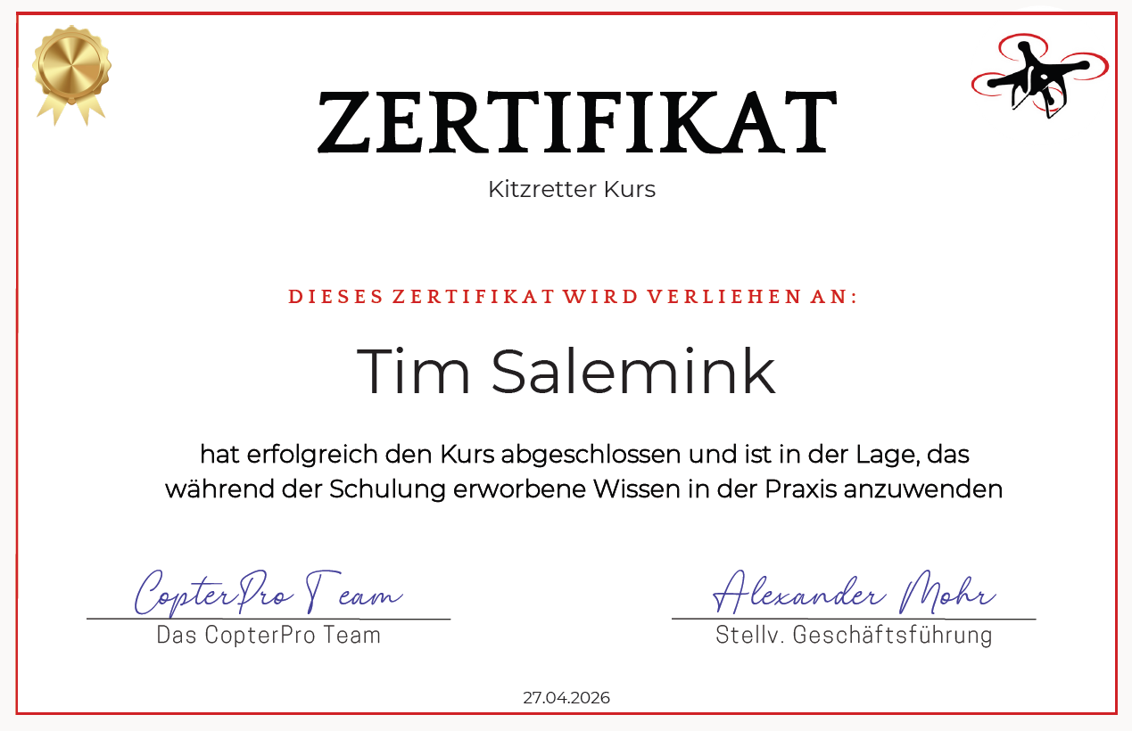 Zertifikat für einen Kletterkurs, mit einem goldenen Siegel und einer Drohne im oberen rechten Eck, gerahmt mit roter Linie.