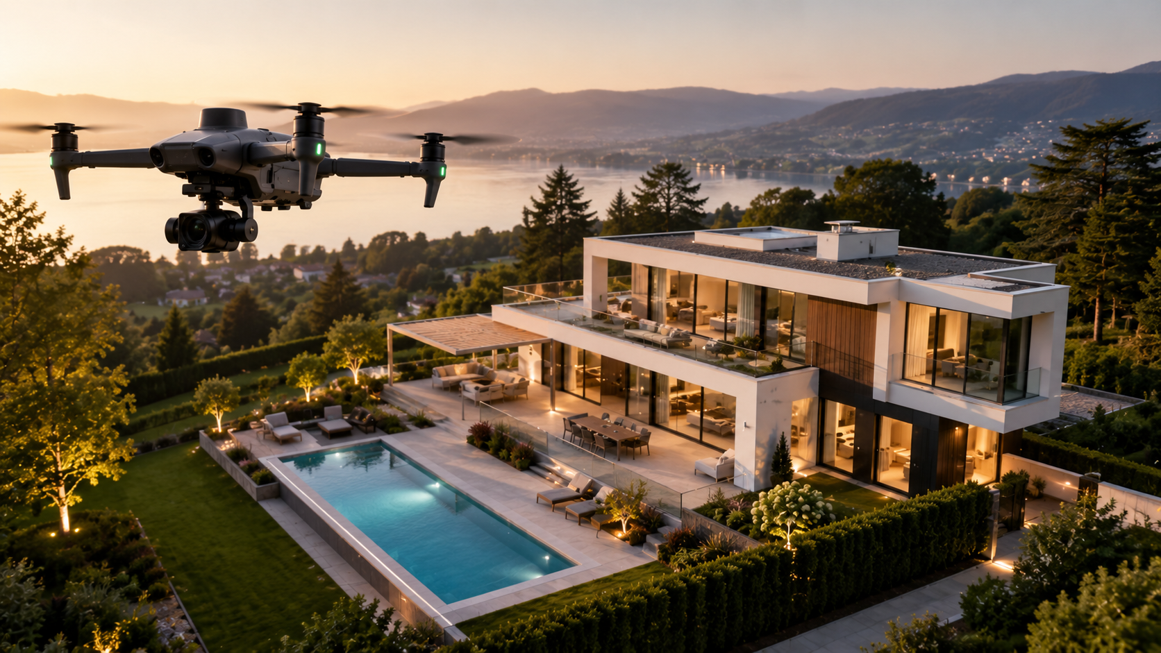 Ein modernes Haus mit großen Glasfenstern und einer Poolanlage im Garten, während eine Drohne in der Luft fliegt, aufgenommen bei Sonnenuntergang mit Bergblick im Hintergrund.