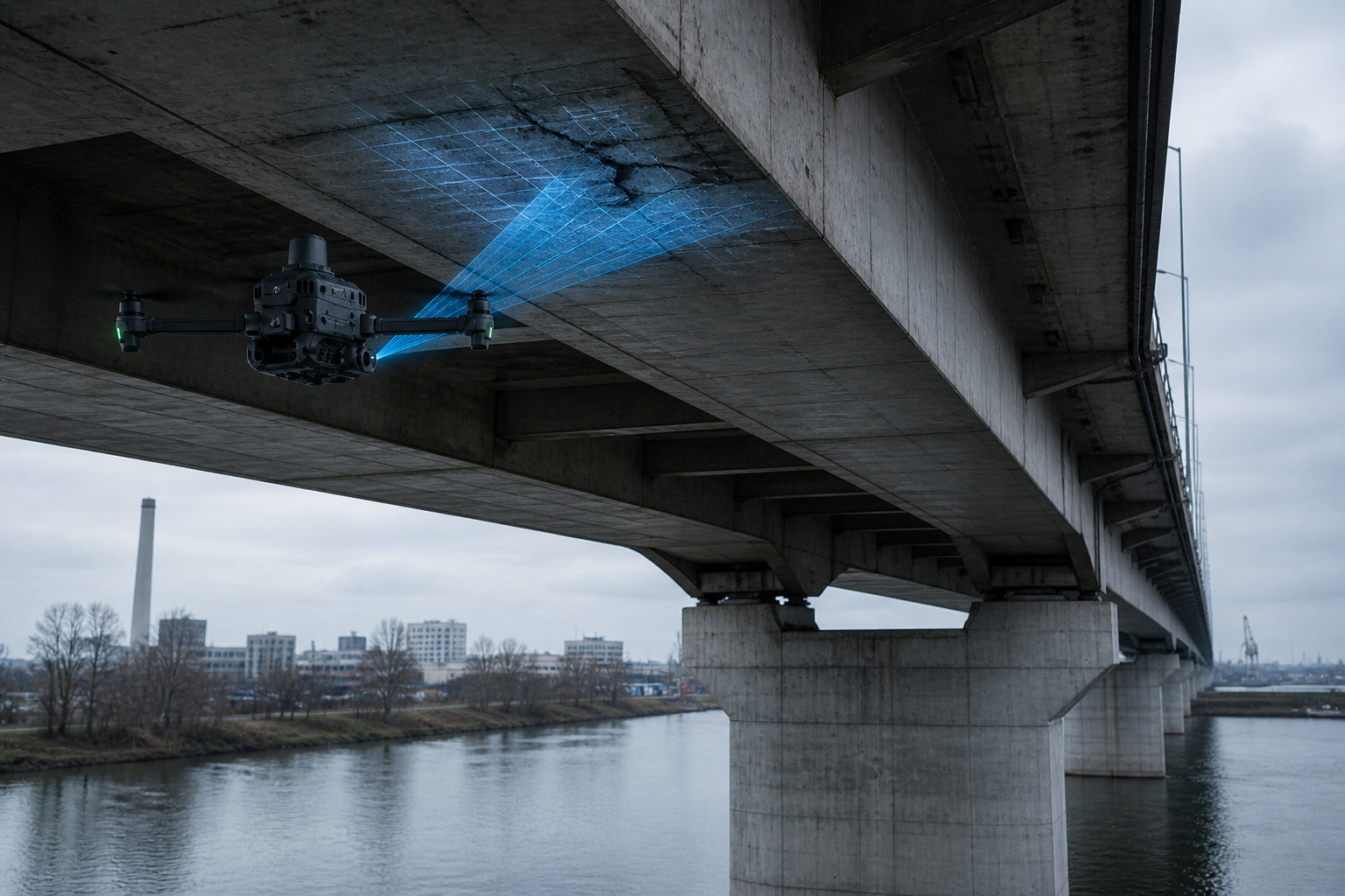 Drohne unter einer Brücke, die eine blaue holographische Projektionslinie auf die Decke projiziert, bei bewölktem Himmel über einem Fluss.