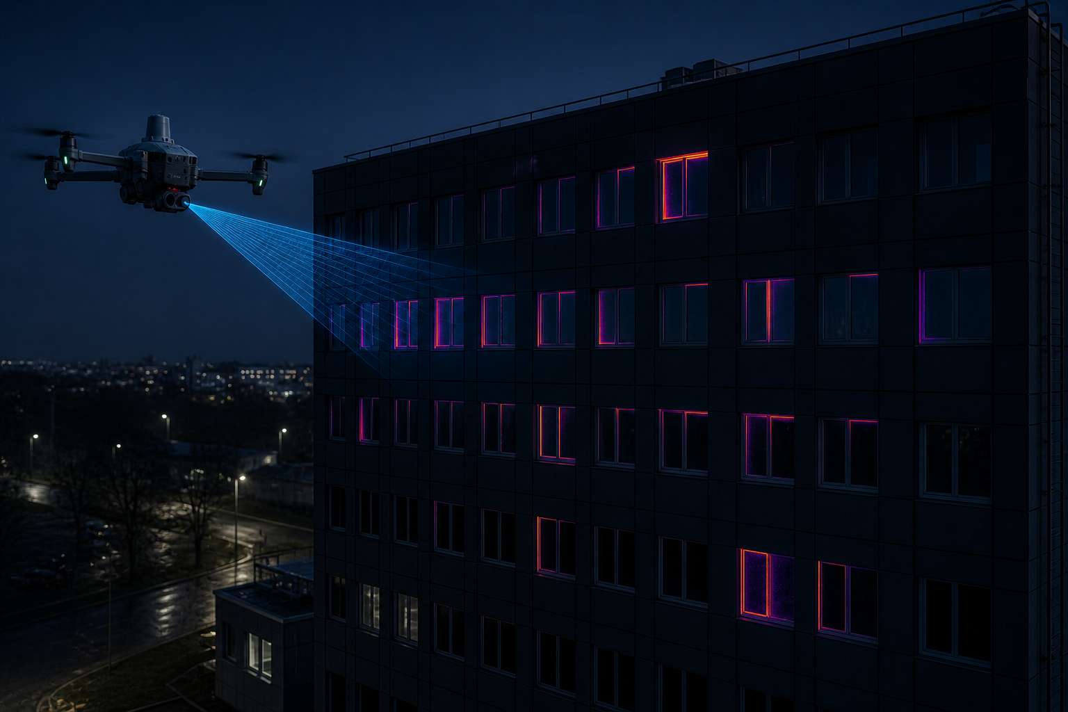 Ein Drohnen-Laserscanner scannt die Fassade eines modernen Bürogebäudes bei Nacht, wobei die Fenster mit leuchtenden Neonrändern hervorgehoben sind.
