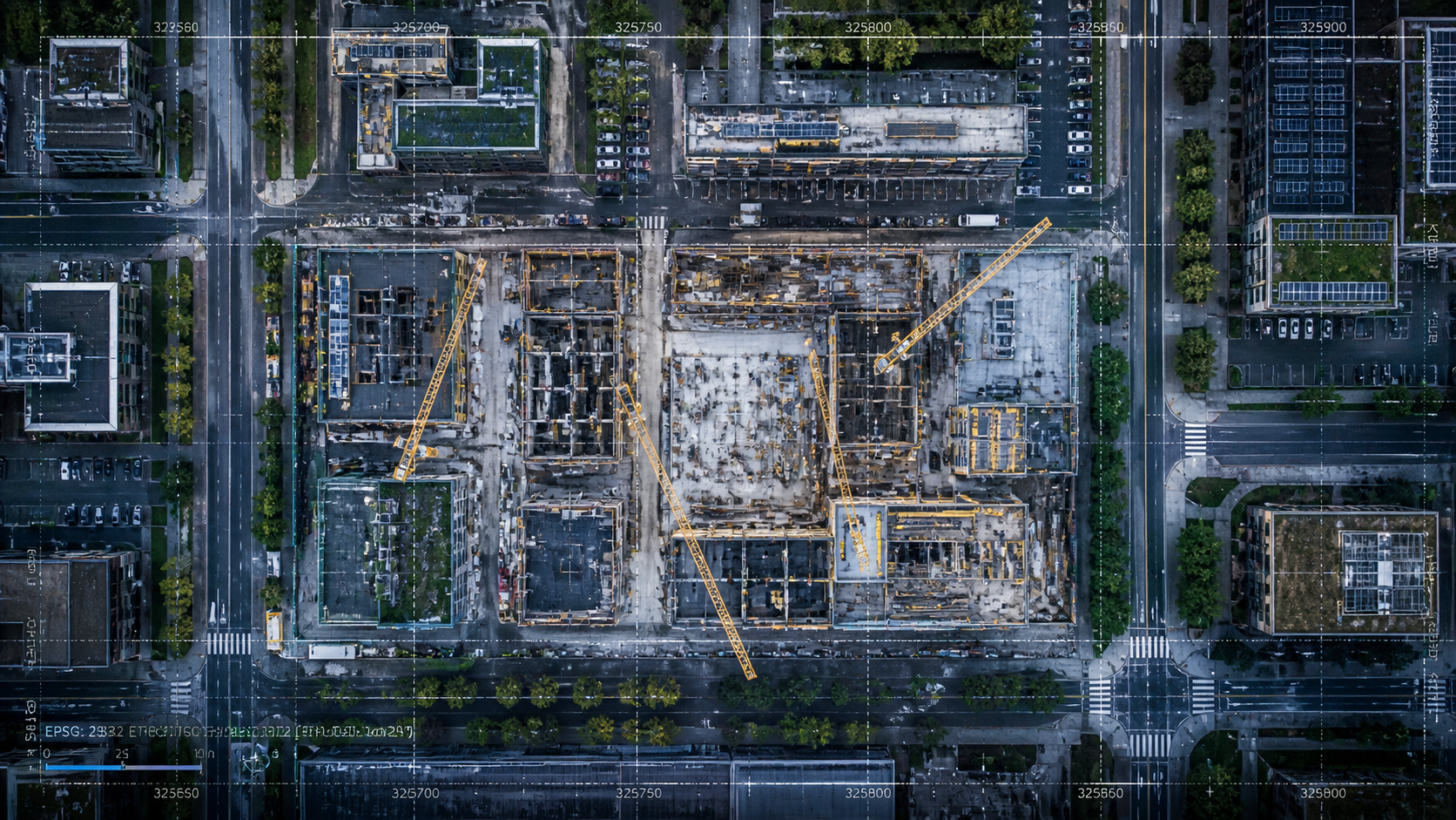 Luftaufnahme eines Baustellenbereichs in einer Stadt mit mehreren Gebäuden und Baukränen, umgeben von Straßen und Parkplätzen.