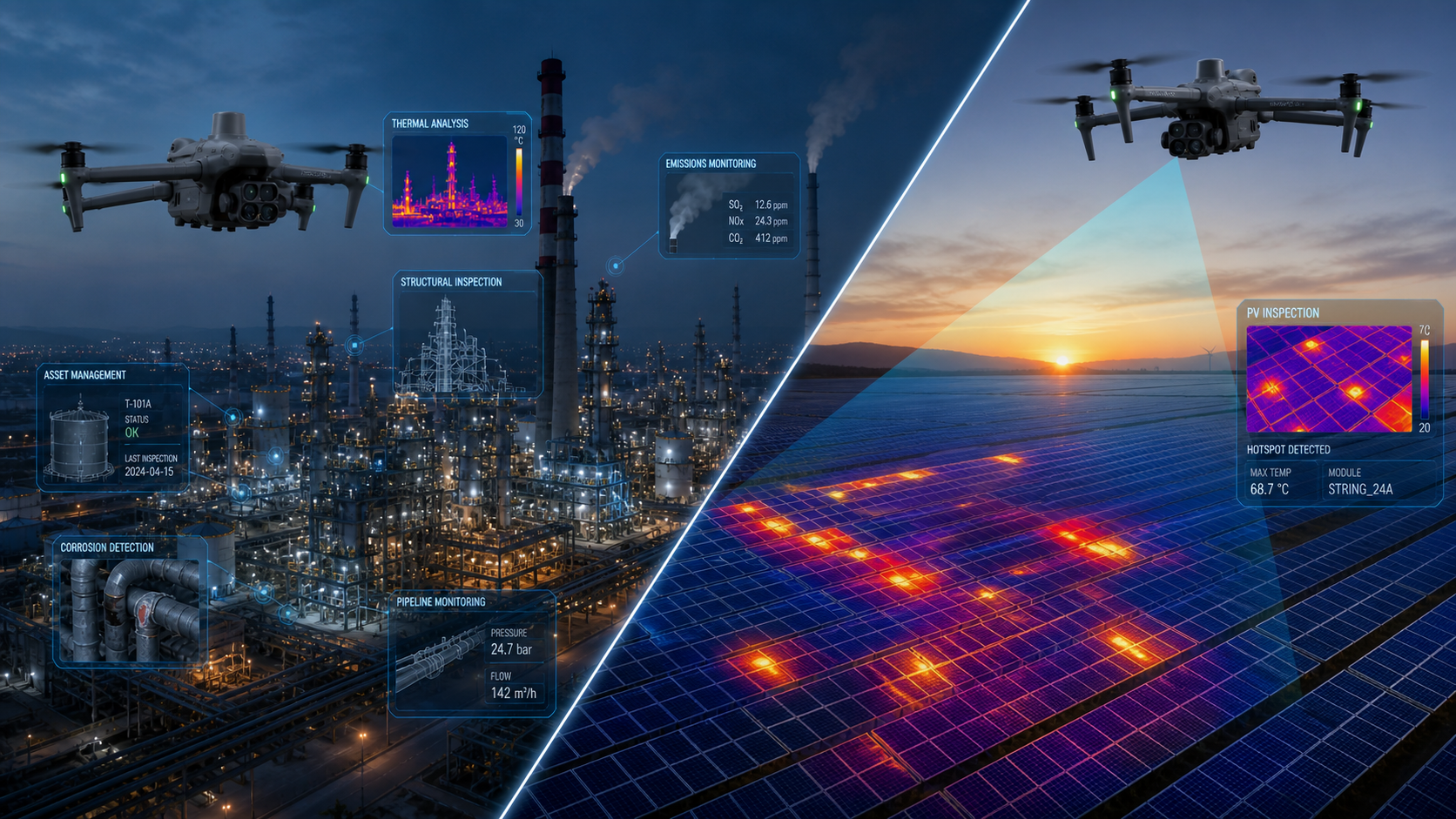 Drohnen über einem Industriekomplex und Solarfeldern, mit digitalen Anzeigen für Umweltüberwachung und Inspektion, bei Sonnenuntergang.