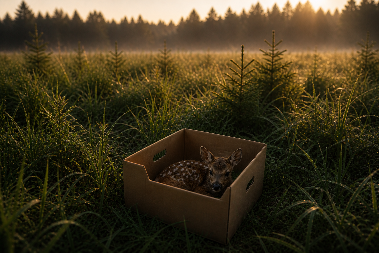 Ein Rehkitz liegt in einer braunen Kiste auf einem Feld bei Sonnenuntergang, umgeben von hohem Gras und jungen Nadelbäumen im Hintergrund.