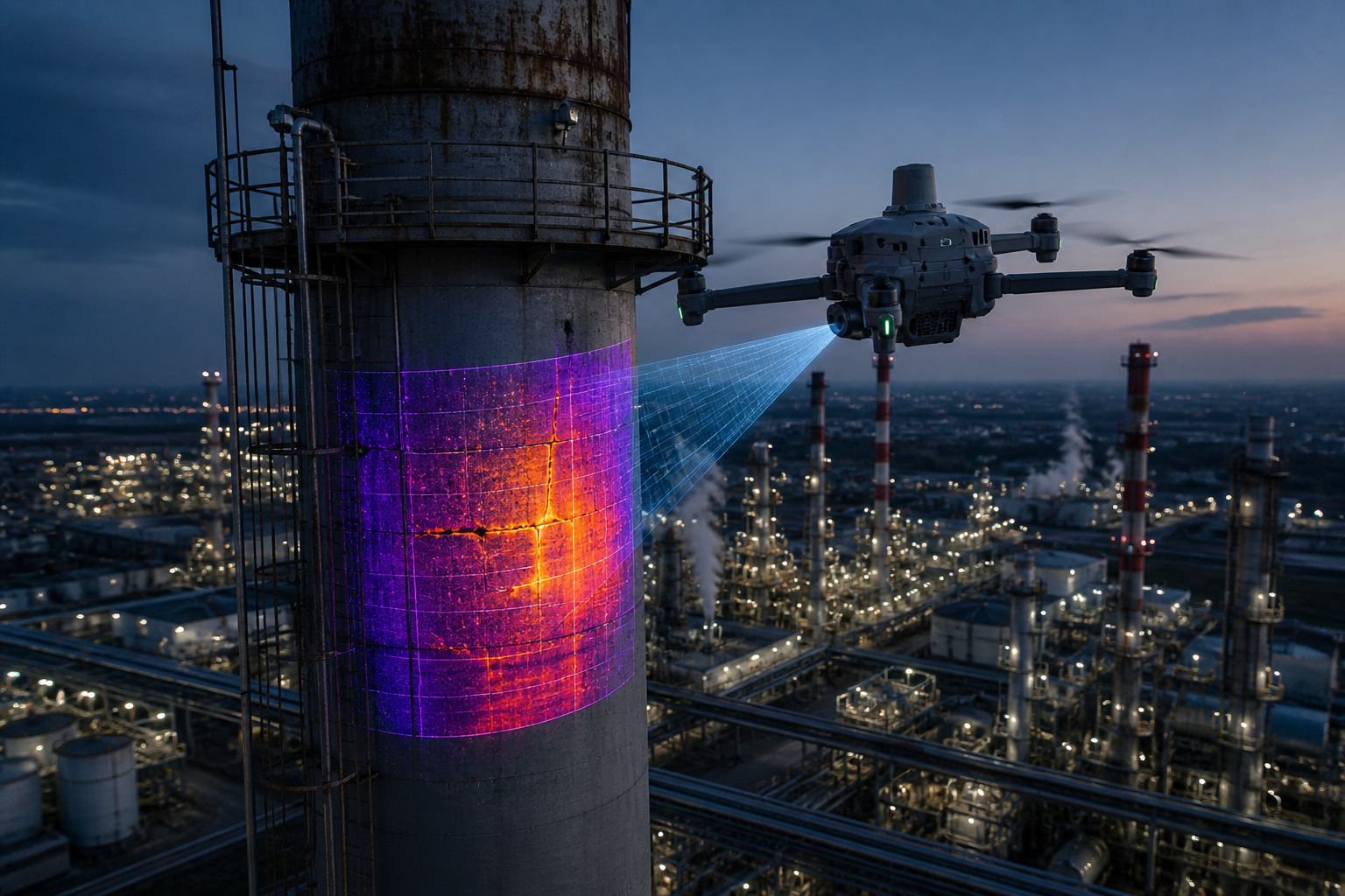 Ein Drohnenflug über eine Industrieanlage bei Dämmerung, mit einem Roboter, der eine holographische Datenübertragung an eine große Industrieanlage sendet, die von orange- und violettfarbenem Licht beleuchtet wird.