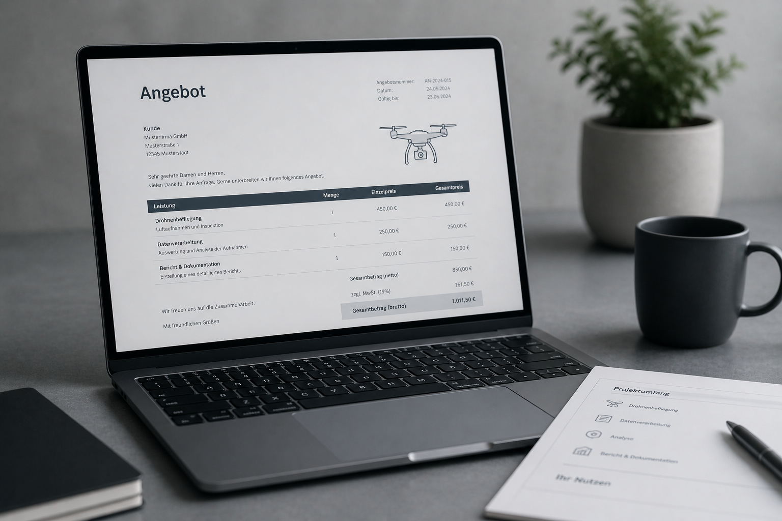Laptop mit Angebotsdokument auf dem Bildschirm, daneben eine Tasse Kaffee, eine Notizbuch und ein Blatt Papier mit Projektübersicht, im Hintergrund eine Topfpflanze auf einem grauen Tisch.