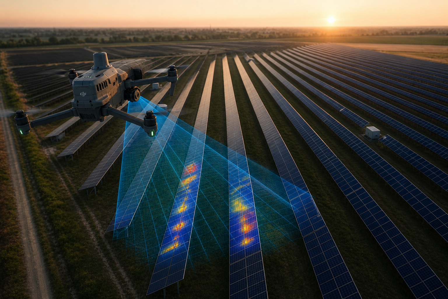 Drohne über Solarpark mit digitaler Erfassung der Solarmodule bei Sonnenuntergang.