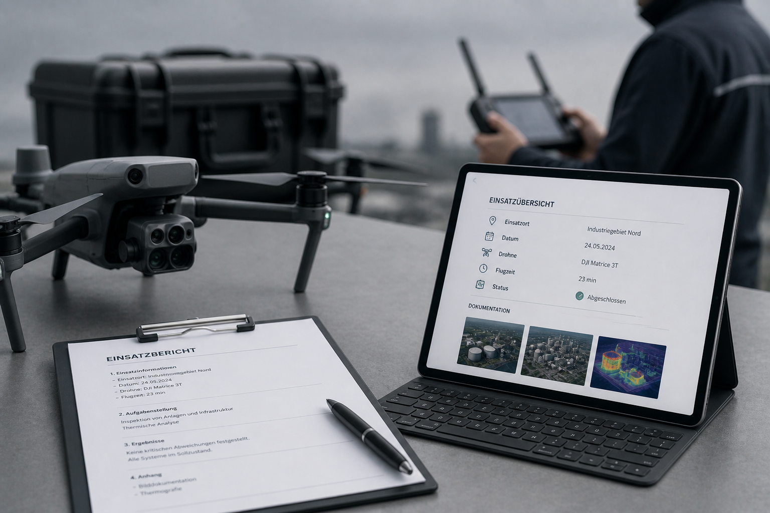 Analyse- und Drohnen-Büro mit Drohne, Tablet, Laptop, Dokumentenmappe und einem Mann im Hintergrund, der mit einem Fernsteuergerät arbeitet.