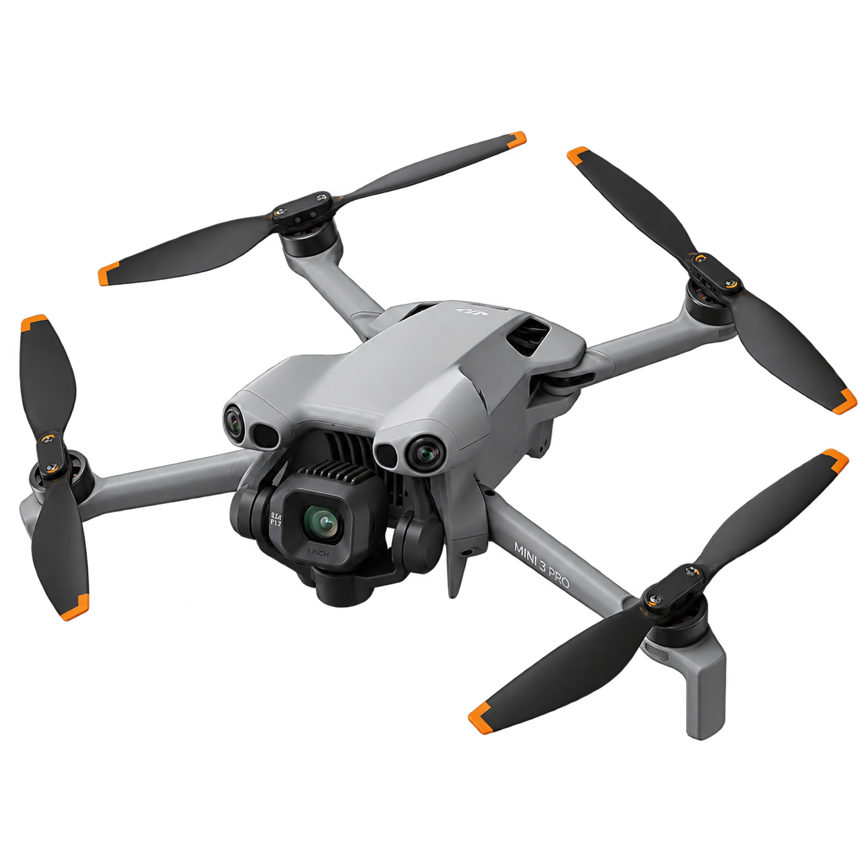 Eine DJI Mini 3 Pro Drohne in Grau mit vier Propellern und Kamera.