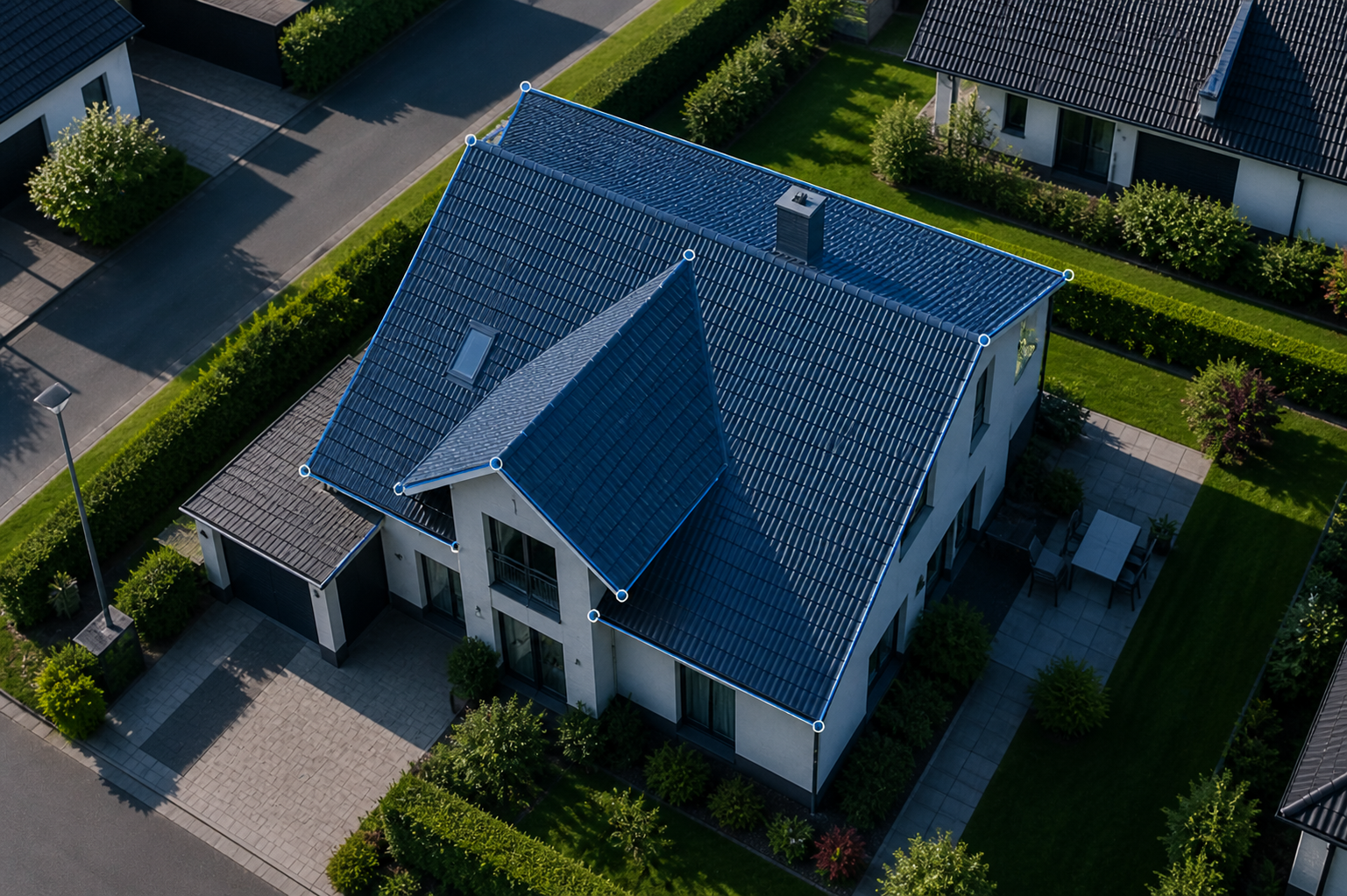 Vogelperspektive auf ein modernes Einfamilienhaus mit blauer Dacheindeckung, umgeben von grüner Rasenfläche, Büschen und Bäumen in einer Nachbarschaft mit weiteren Häusern.