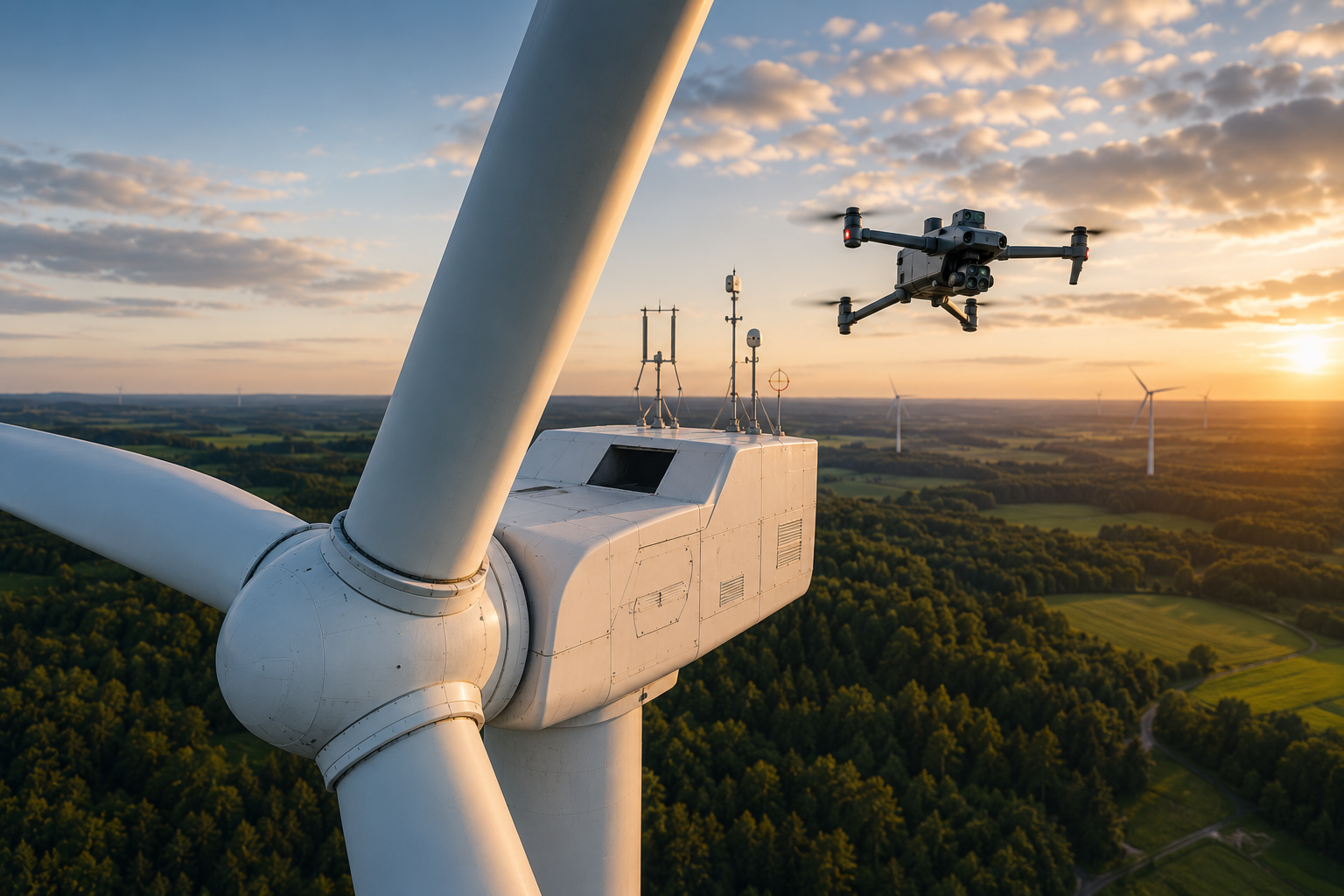 Ein Drohnenflug über eine große Windkraftanlage bei Sonnenuntergang.