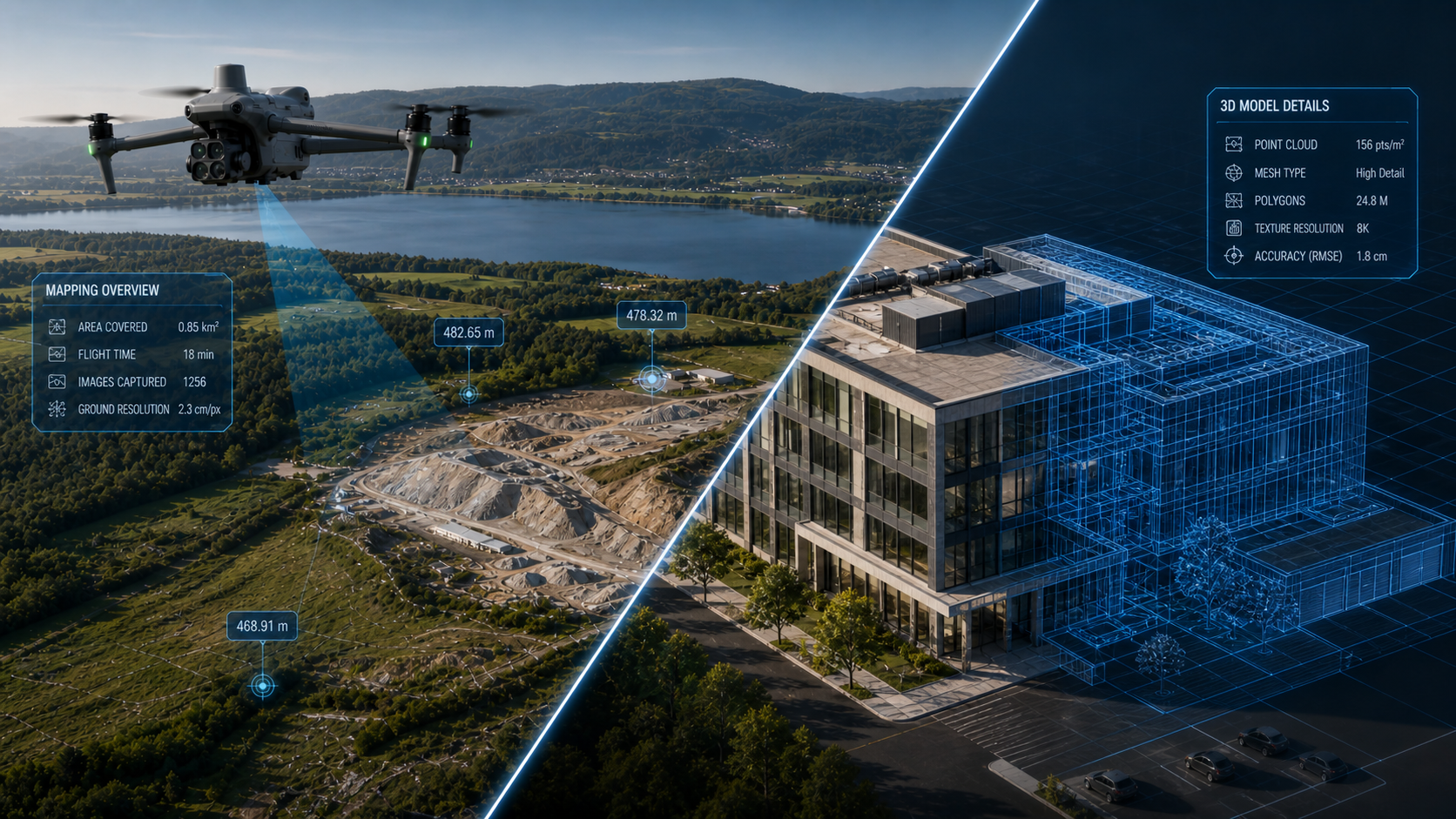 Ein Flugzeug fliegt über eine Seenlandschaft und eine Baustelle. Die Szene ist in zwei Hälften geteilt, eine reale und eine digitale, die eine 3D-Modellansicht eines Gebäudes zeigt, inklusive technischer Daten und Messwerte.