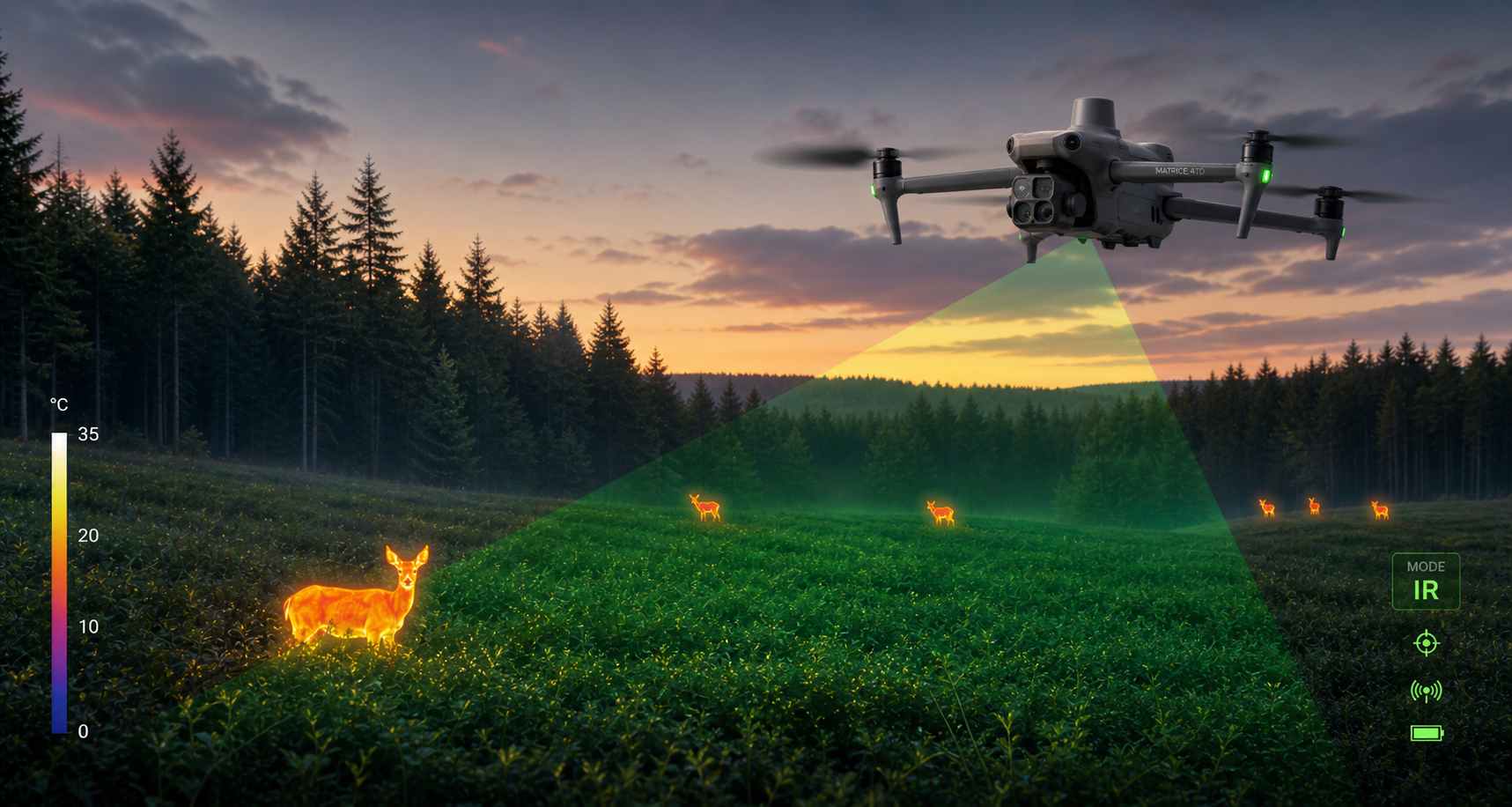 Drohne fliegt über ein Wald- und Feld landschaft bei Sonnenuntergang, nutzt Infrarotsensor zur Tiererkennung, zeigt ein niedliches, leuchtendes Reh im Vordergrund, mit Infrarot-Temperaturskala und Bedienfeld auf der rechten Seite.
