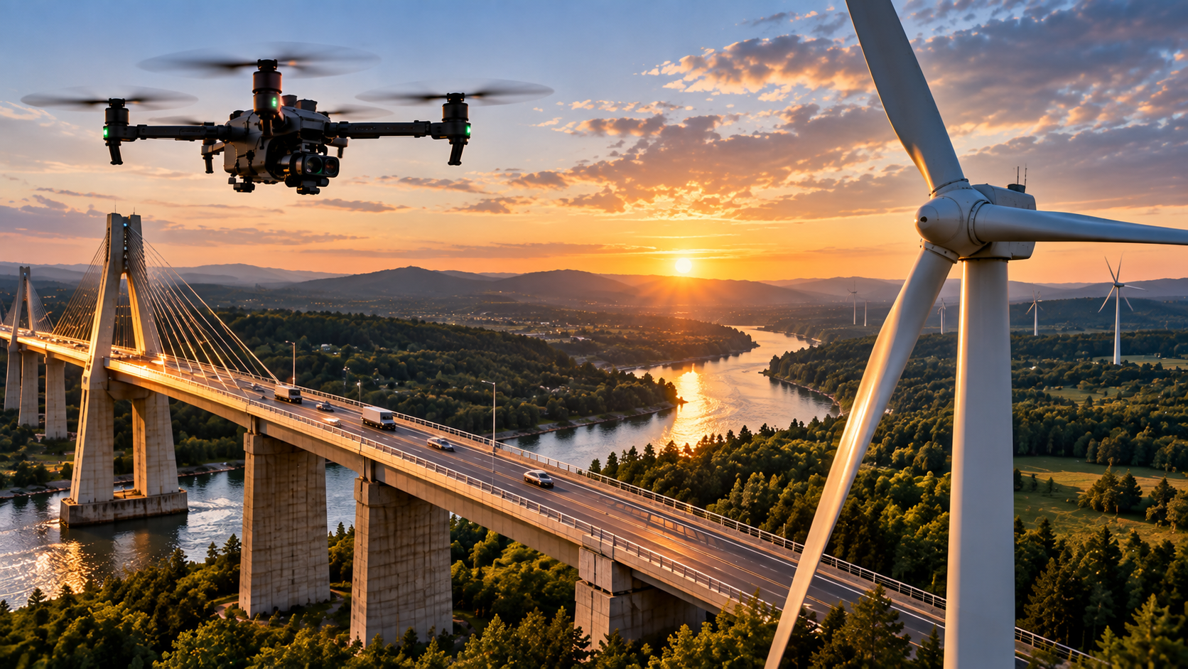 Drohne fliegt über eine Brücke bei Sonnenuntergang, mit Windrädern im Hintergrund und einem Fluss darunter.