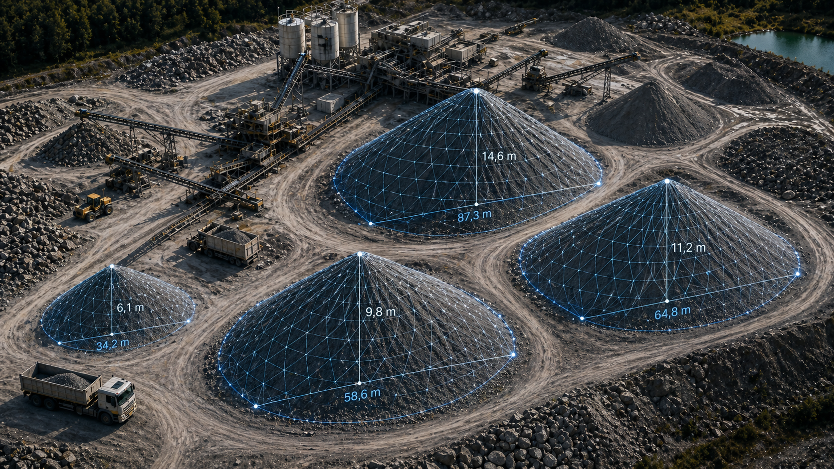 Landschaft mit quarzgesteuerten Haufen, die durch digitale Mesh-Darstellungen mit Messungen ihrer Höhen und Durchmesser markiert sind.