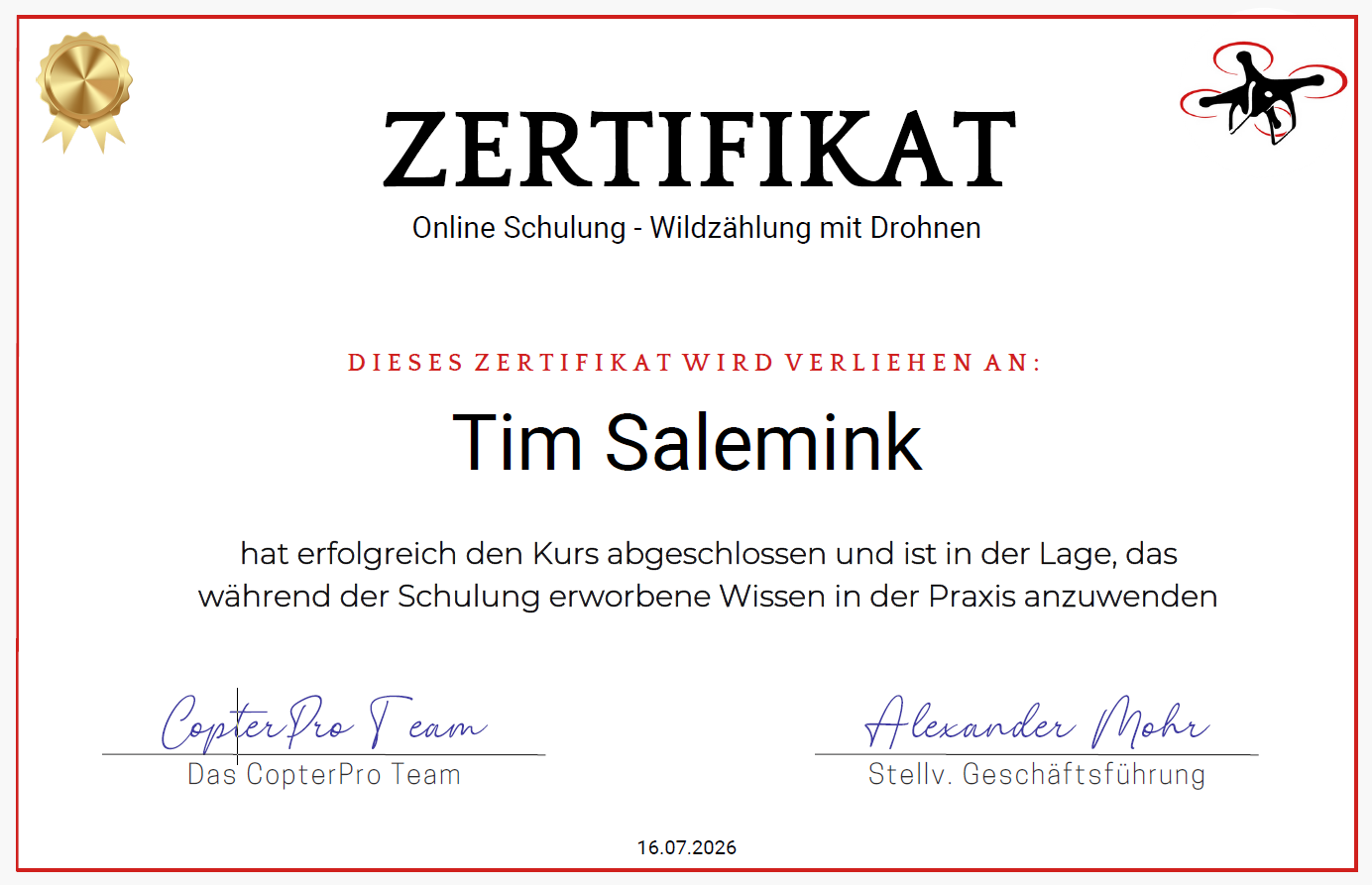 Zertifikat für online Schulung mit Drohnen, ausgestellt an Tim Salemink, datiert auf den 16.07.2026.