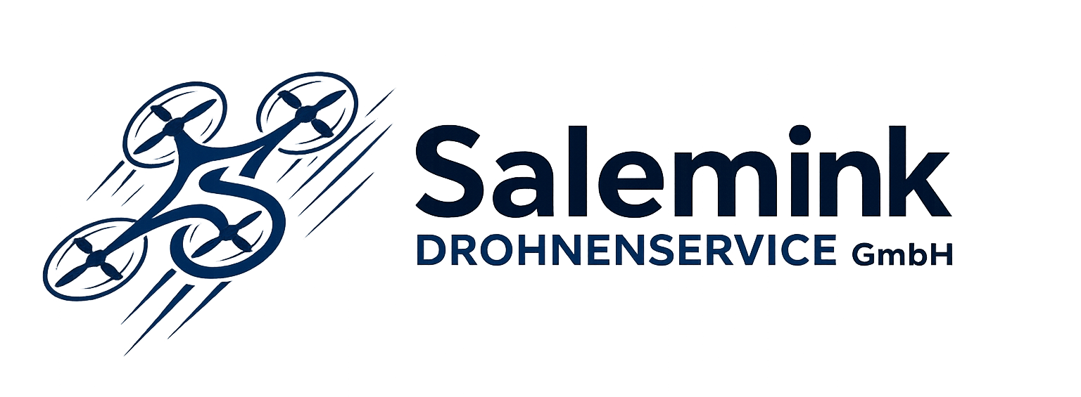 Logo von Salemink Drohnendienst, bestehend aus einem stilisierten Drohnensymbol und dem Unternehmensnamen mit blauer Schrift.