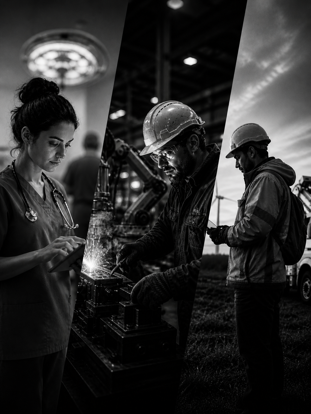 Collage of three black and white images showing professionals: a female healthcare worker using a mobile device, a male industrial worker welding, and another male construction worker looking at a mobile device outdoors.
