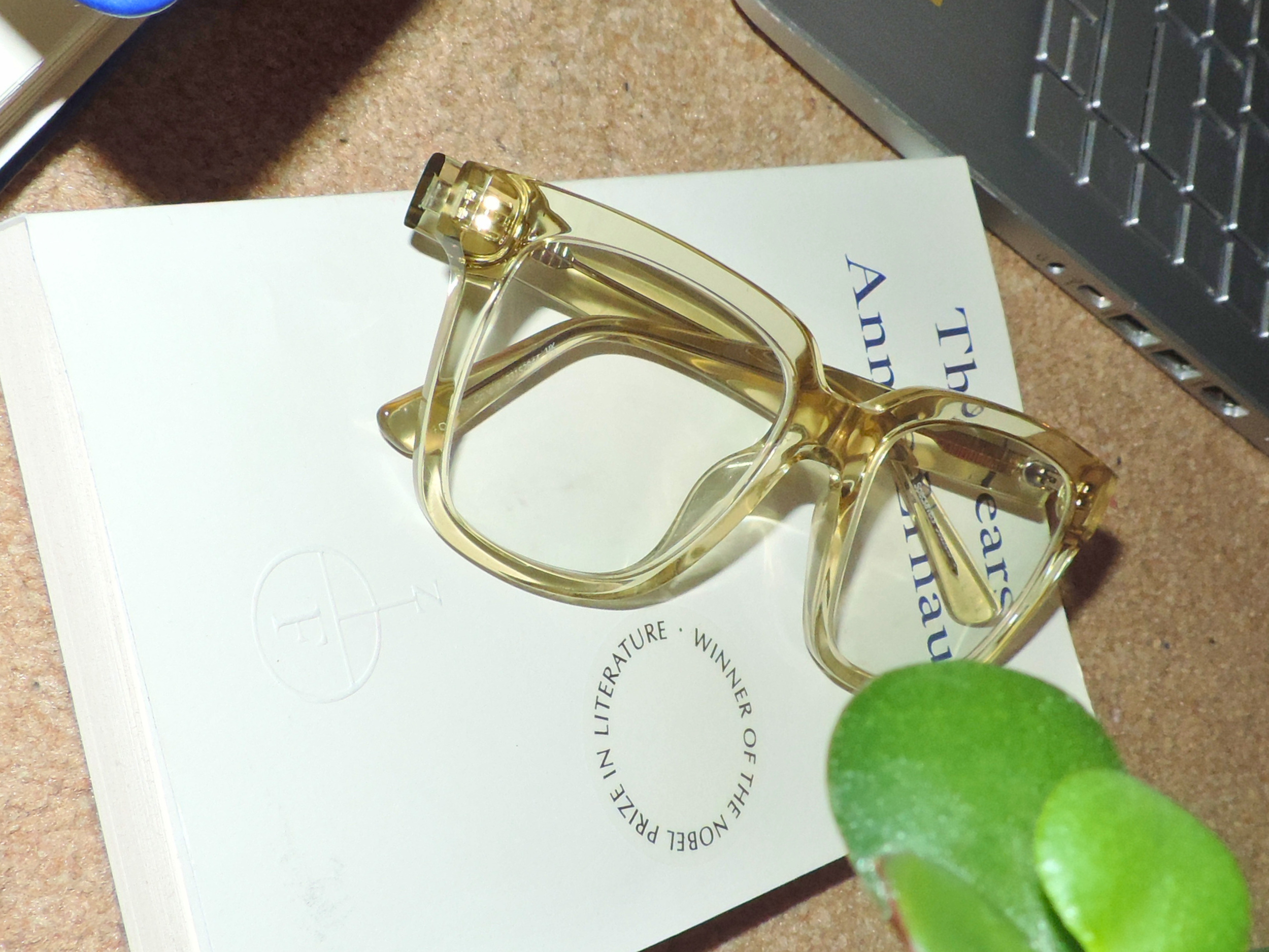 A pair of yellow-tinted eyeglasses resting on a white booklet or paper, with a green plant partially visible in the bottom right corner and a dark gray metallic object partially visible in the top right corner.