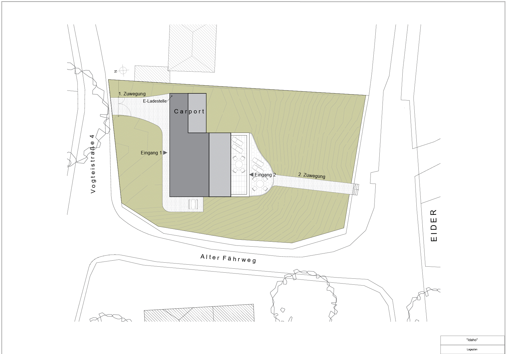 Architectural site plan of a building with labeled entrances, pathways, a carport, and green landscaped areas, surrounding streets, and topographical lines.