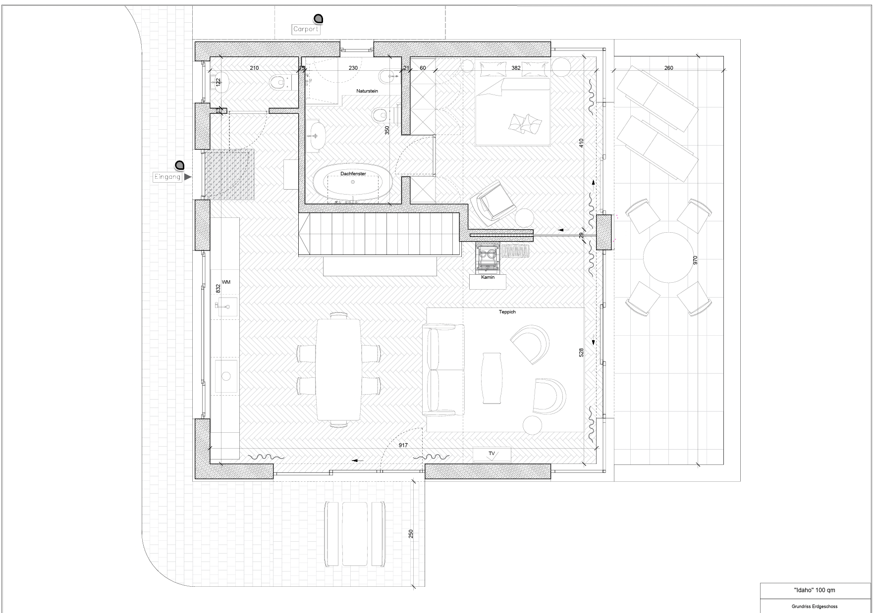 Floor plan of a house showing a living room, dining area, kitchen, bathroom, bedroom, and outdoor patio with furniture and a garden.
