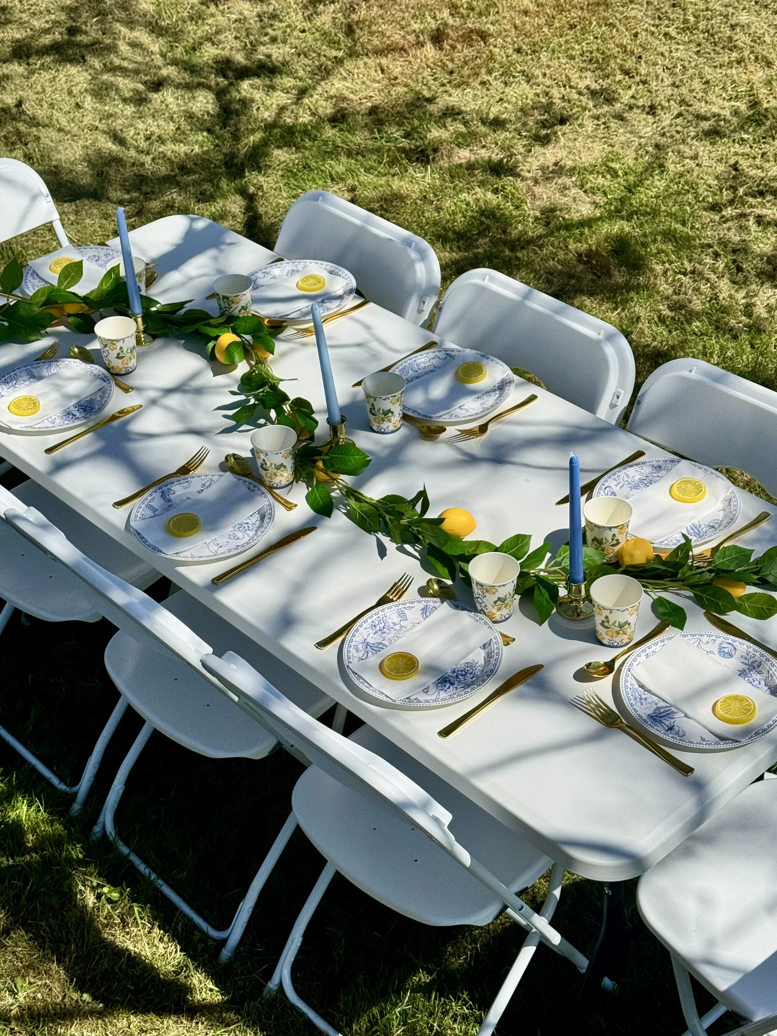 Table de fête en plein air avec vaisselle, bougies bleues, lumières et citron, entourée d'herbe verte.