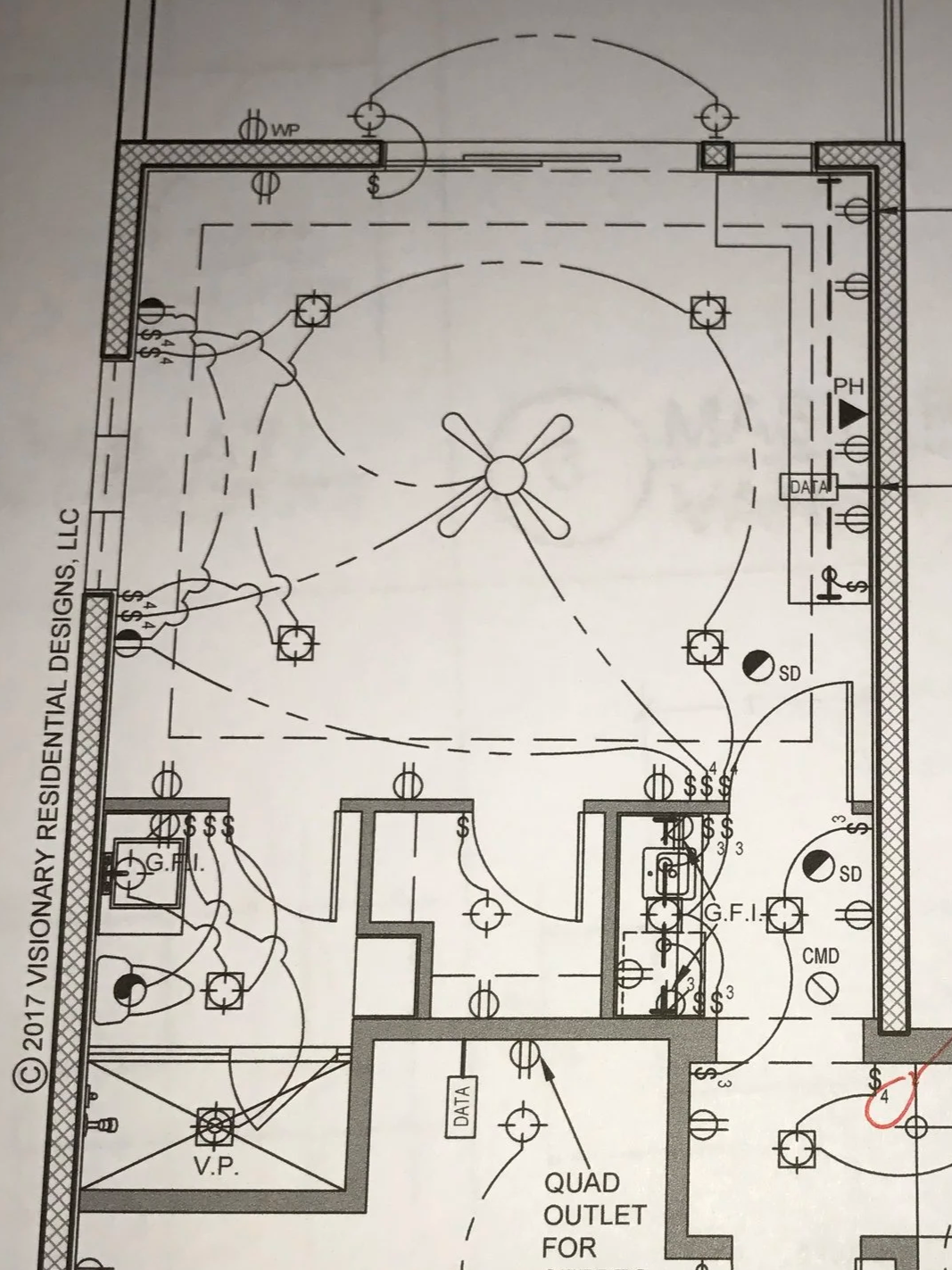 Architectural floor plan showing a ceiling fan, lighting fixtures, electrical and data outlets, and room labels.