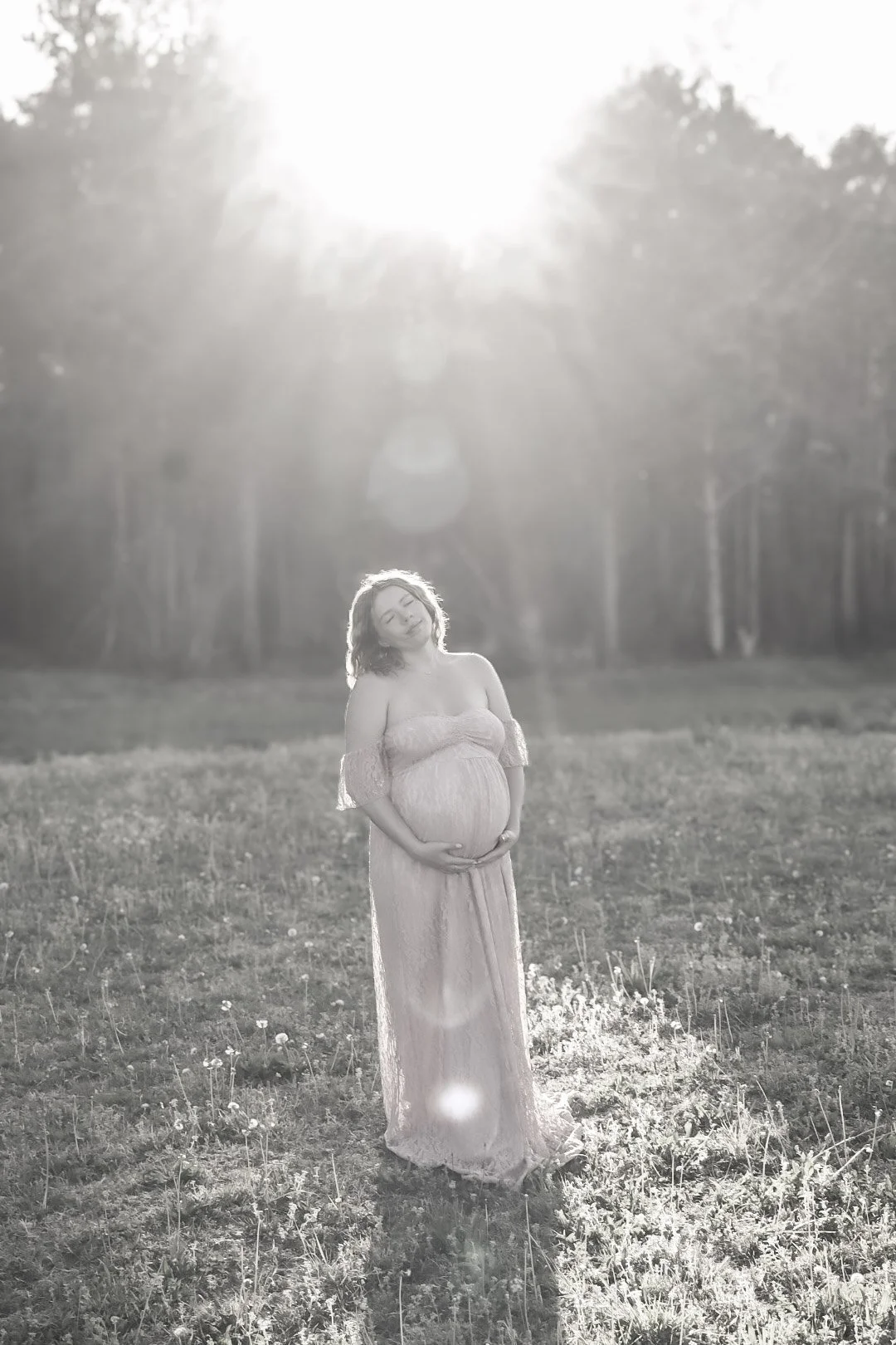 A pregnant woman holding her belly in a field during sunset, with sunlight shining behind her and trees in the background.