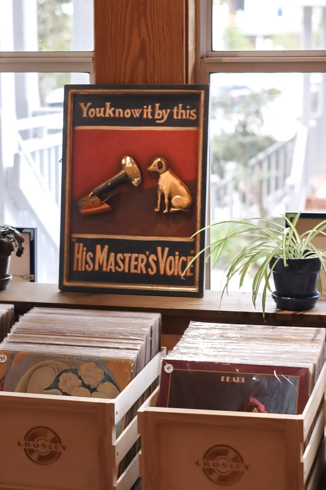 A vintage sign reading "You know it by this His Master's Voice" with an image of a dog listening to a gramophone, placed on a wooden table with vinyl records and a potted plant near a window.
