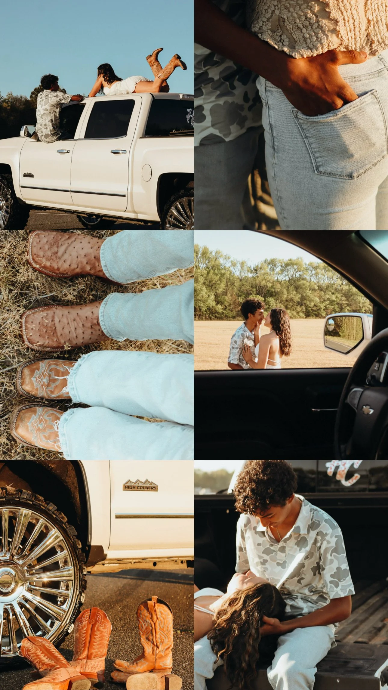 Two young people with curly hair engaging in a romantic moment near a white pickup truck, with close-up shots of their feet in cowboy boots and a scene of them dancing in a field, all captured during the daytime with a clear sky.