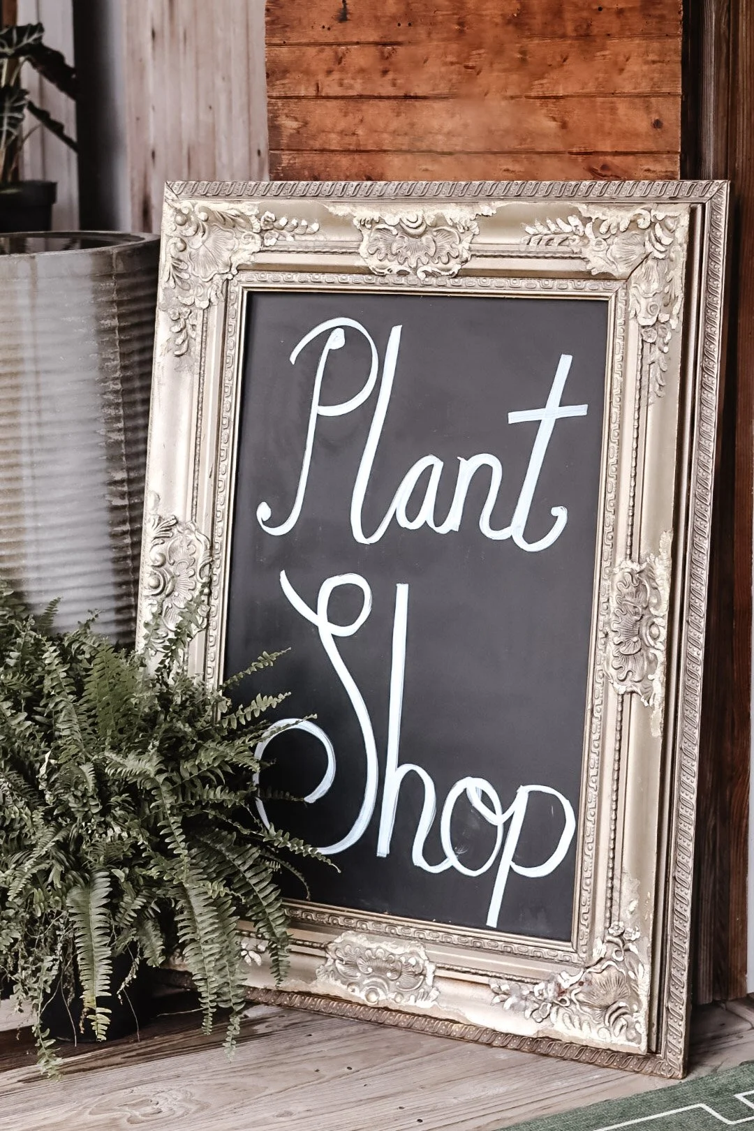 Decorative chalkboard sign with ornate silver frame displays 'Plant Shop' in white cursive handwriting. Green fern plant and potted plant are placed nearby, set against a rustic wood background.