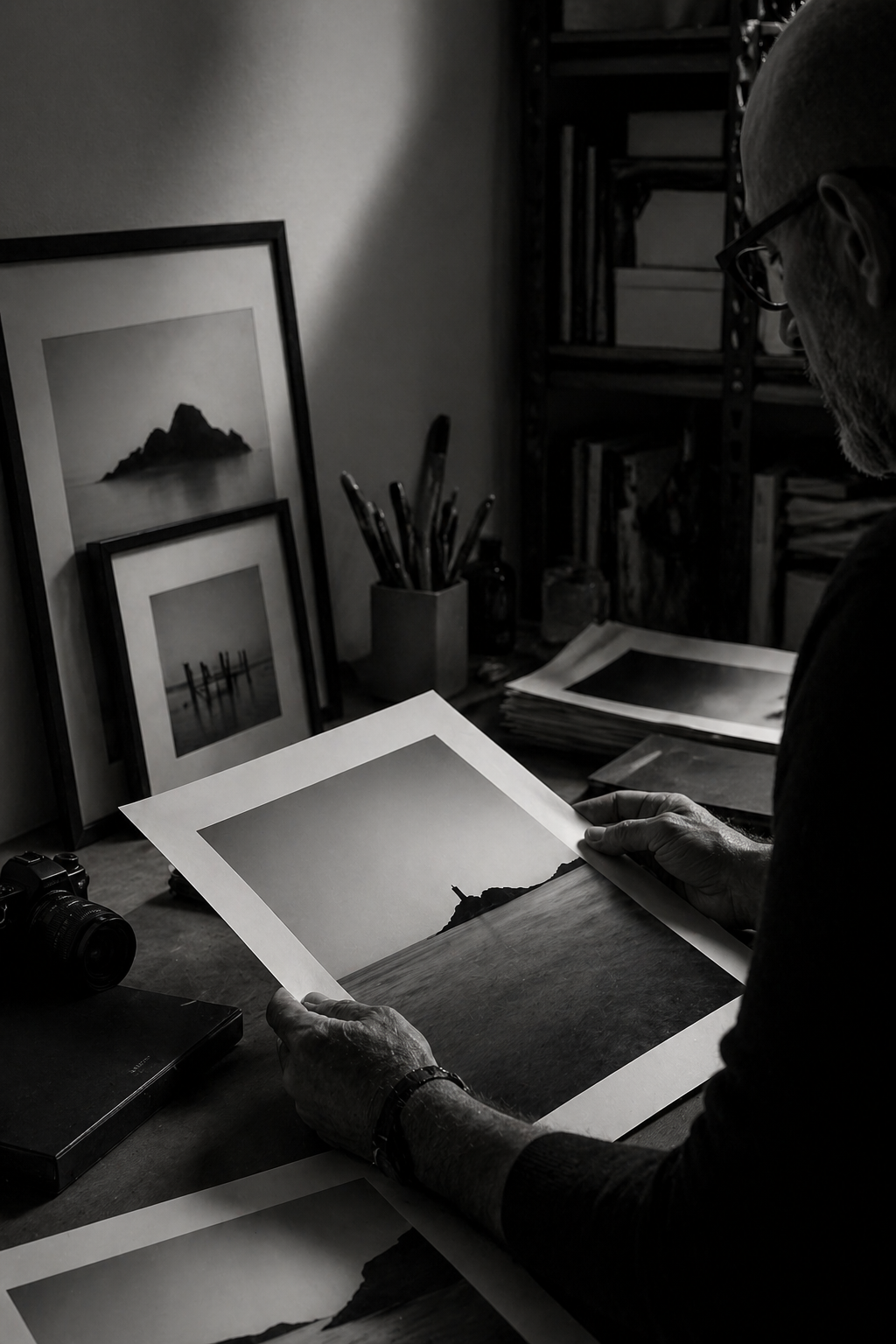 Un uomo anziano con occhiali guarda un poster fotografico bianco e nero di un paesaggio costiero, in uno studio fotografico. Sul tavolo ci sono altre fotografie, una fotocamera e libri o album. Sullo scaffale sullo sfondo ci sono libri e materiali di archivio.
