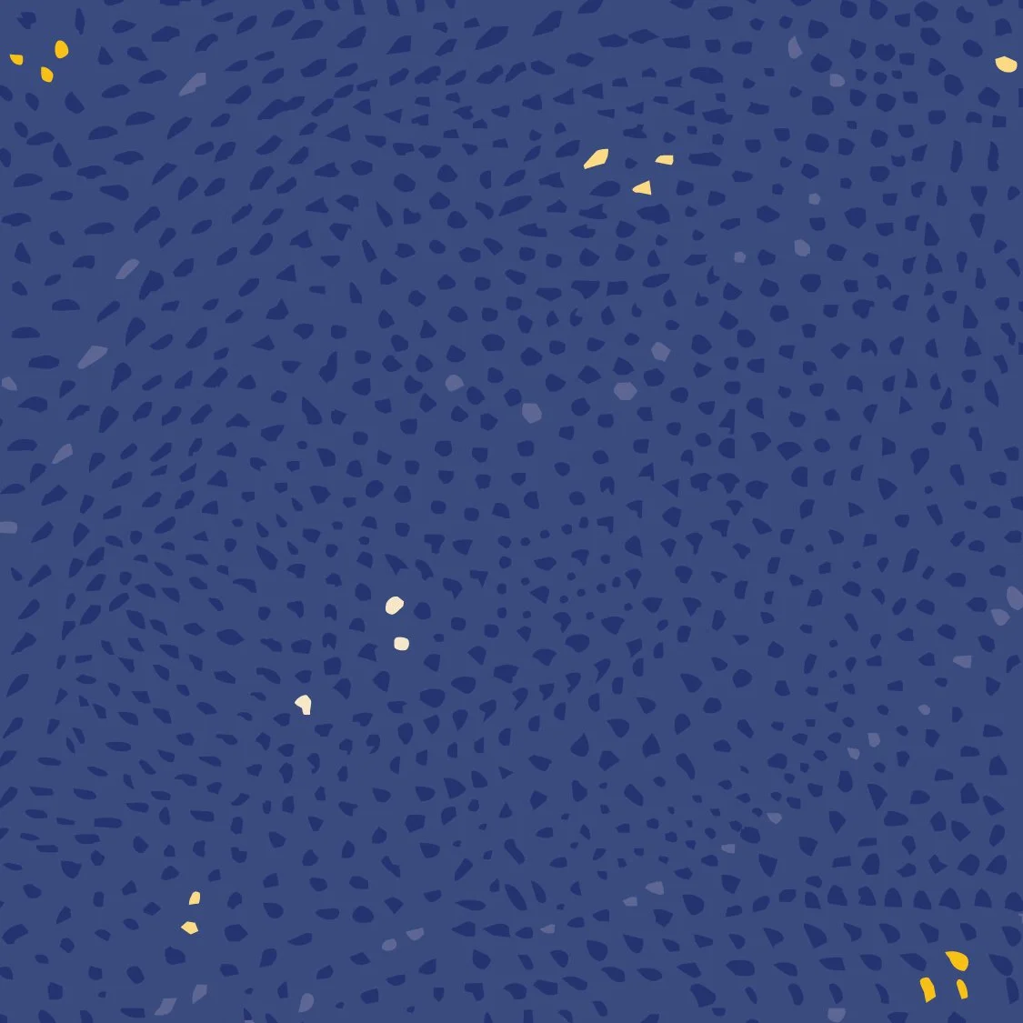 Abstract pattern with blue background and scattered yellow and purple shapes.