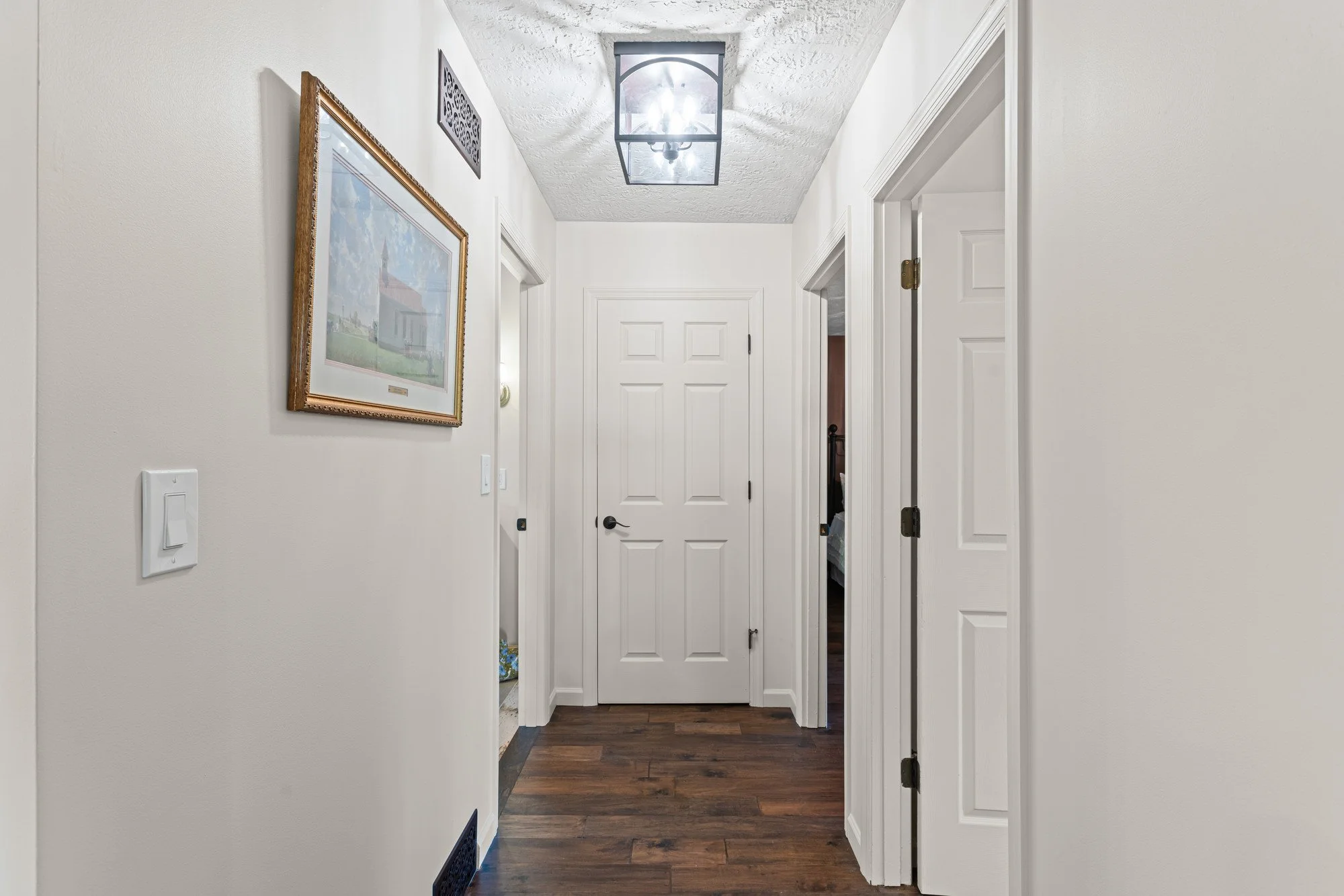 Interior view of a hallway with white walls and dark hardwood flooring, a white door at the end, framed artwork on the left wall, and a ceiling light fixture.