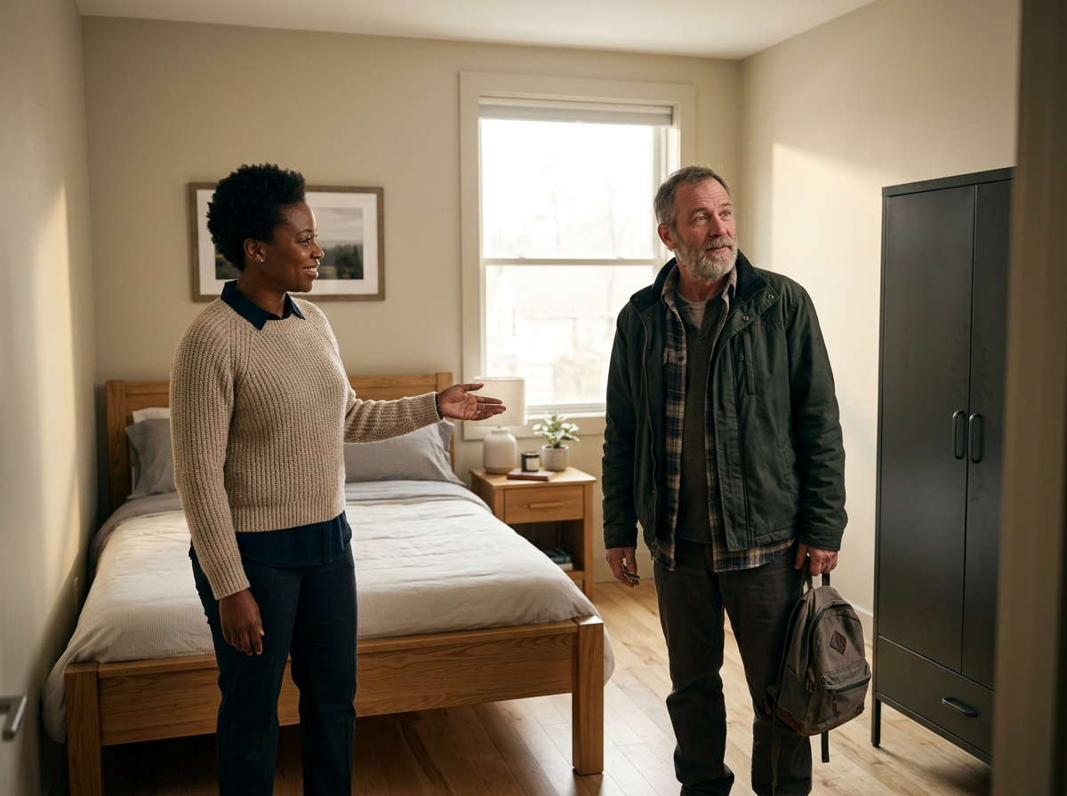 A woman and a man standing in a bedroom, having a conversation. The woman is smiling and gesturing with her hand. The man, holding a backpack, looks slightly surprised or thoughtful. The room has a bed, a nightstand with a lamp and plant, and a closet.