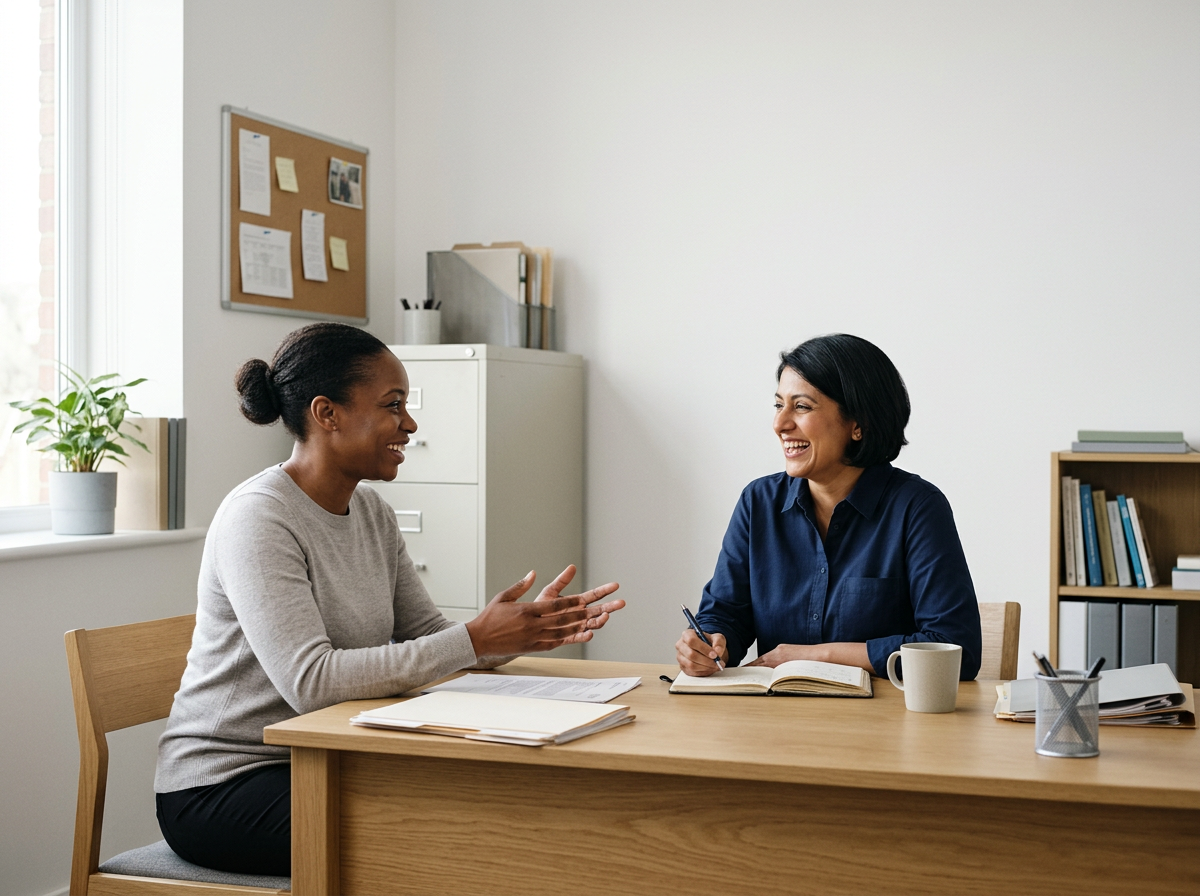 Two women are sitting at a wooden office desk, engaged in a friendly conversation, with notebooks and a coffee mug on the table, in a bright, organized office with a window, bookshelf, and bulletin board in the background.