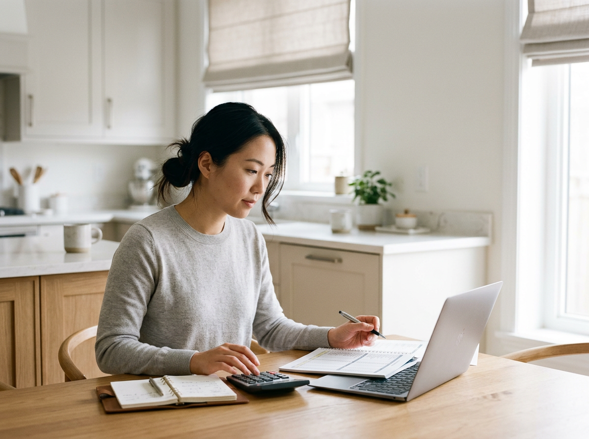 Woman sitting at a wooden table in a bright kitchen, working on a laptop with notebooks, a calculator, and documents.