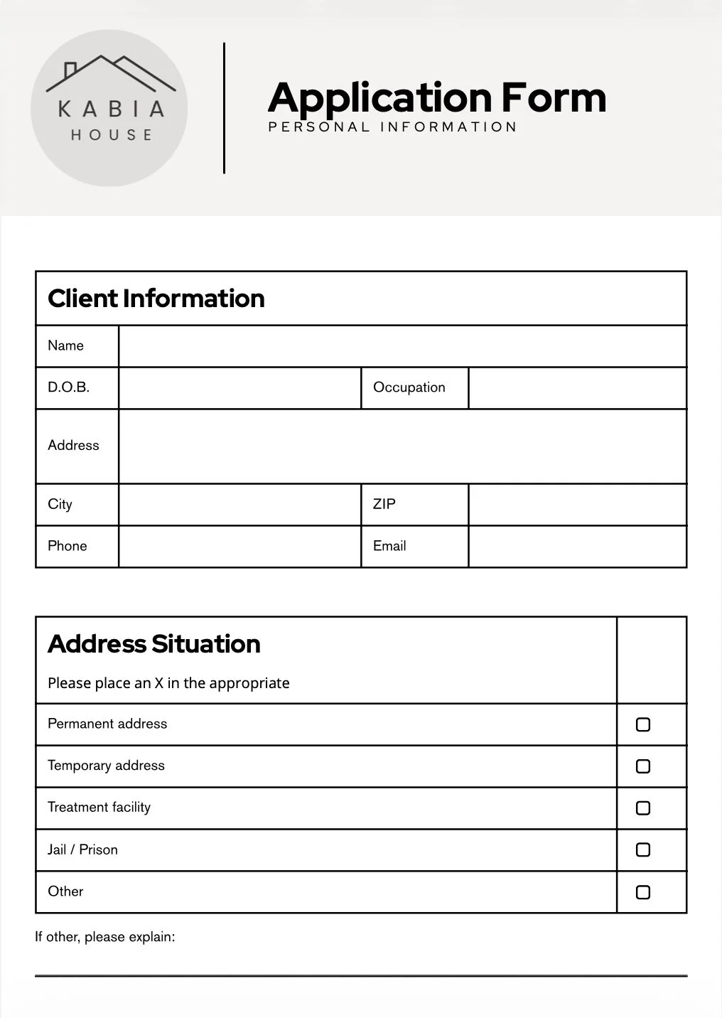 Application form for Kabia House, titled "Personal Information," with sections for client details and address situation, featuring checkboxes for different address types.