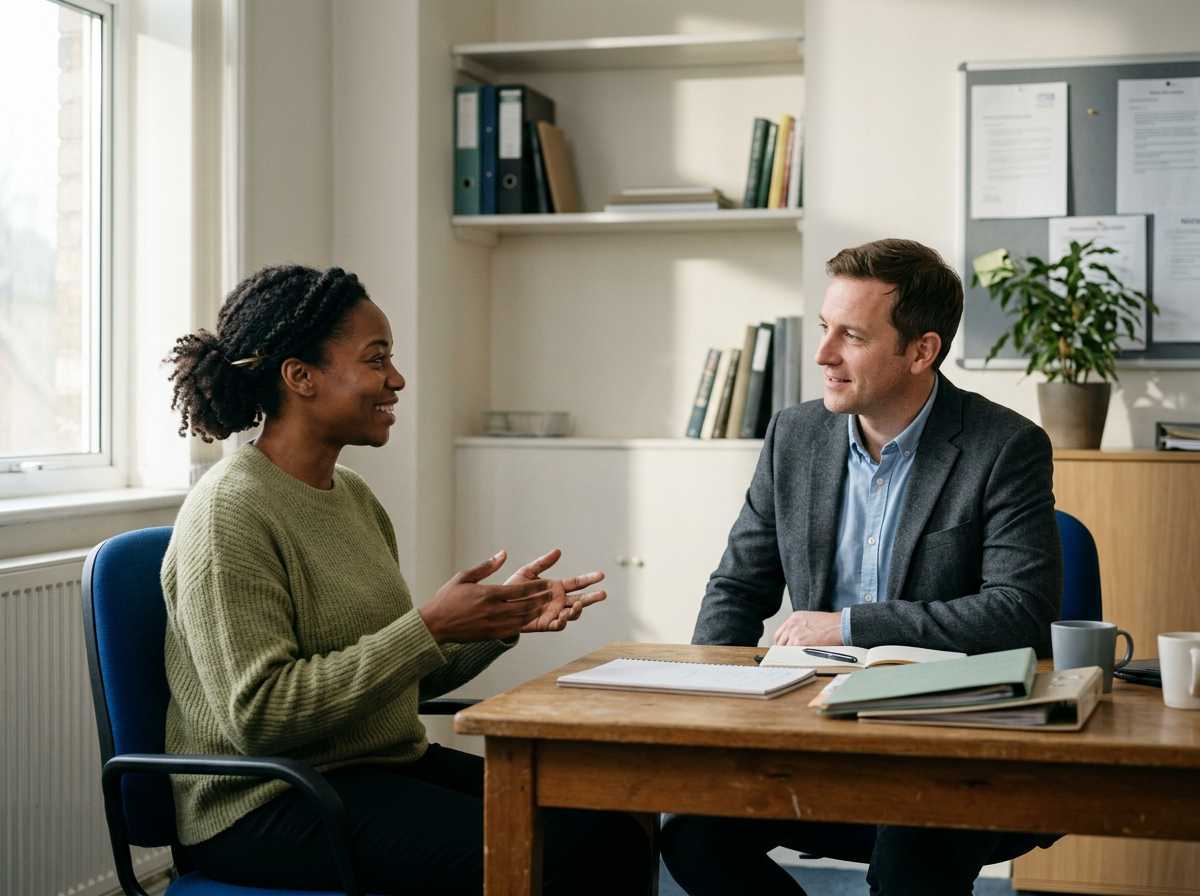 A woman and a man sit at a desk in an office, engaged in a conversation. The woman is speaking animatedly, using her hands, while the man listens attentively, smiling. The office has a bookshelf, a bulletin board, and a potted plant in the background.