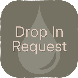 A gray droplet with the text 'Drop In Request' in pinkish-beige fonts.
