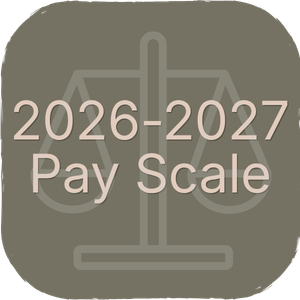 Icon of scales with the text '2026-2027 Pay Scale' in front.