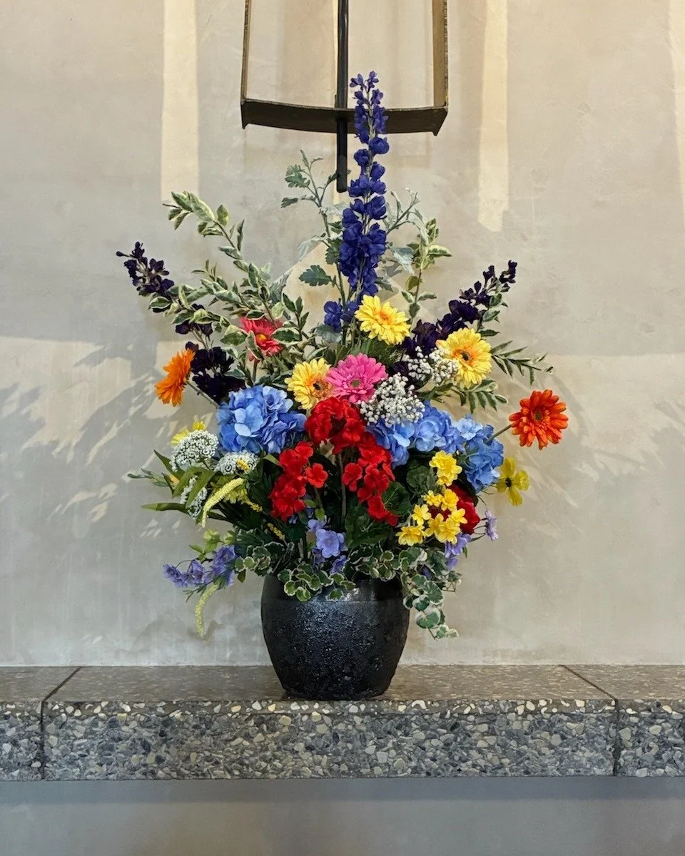 Thank you to our Flower Guild for the beautiful altar arrangement for our Pride Sunday service (yesterday)!