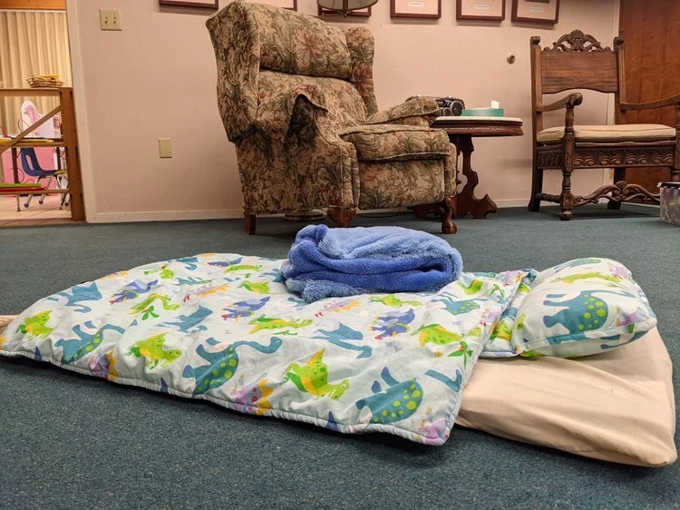 Children's sleeping area with a colorful dinosaur-patterned sleeping bag, pillow, and rolled-up blue blanket on a green carpet in a room with vintage armchairs and picture frames on the wall.