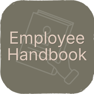 Icon of a hammer and a checkmark overlayed on a document with the text 'Employee Handbook' on a gray background.