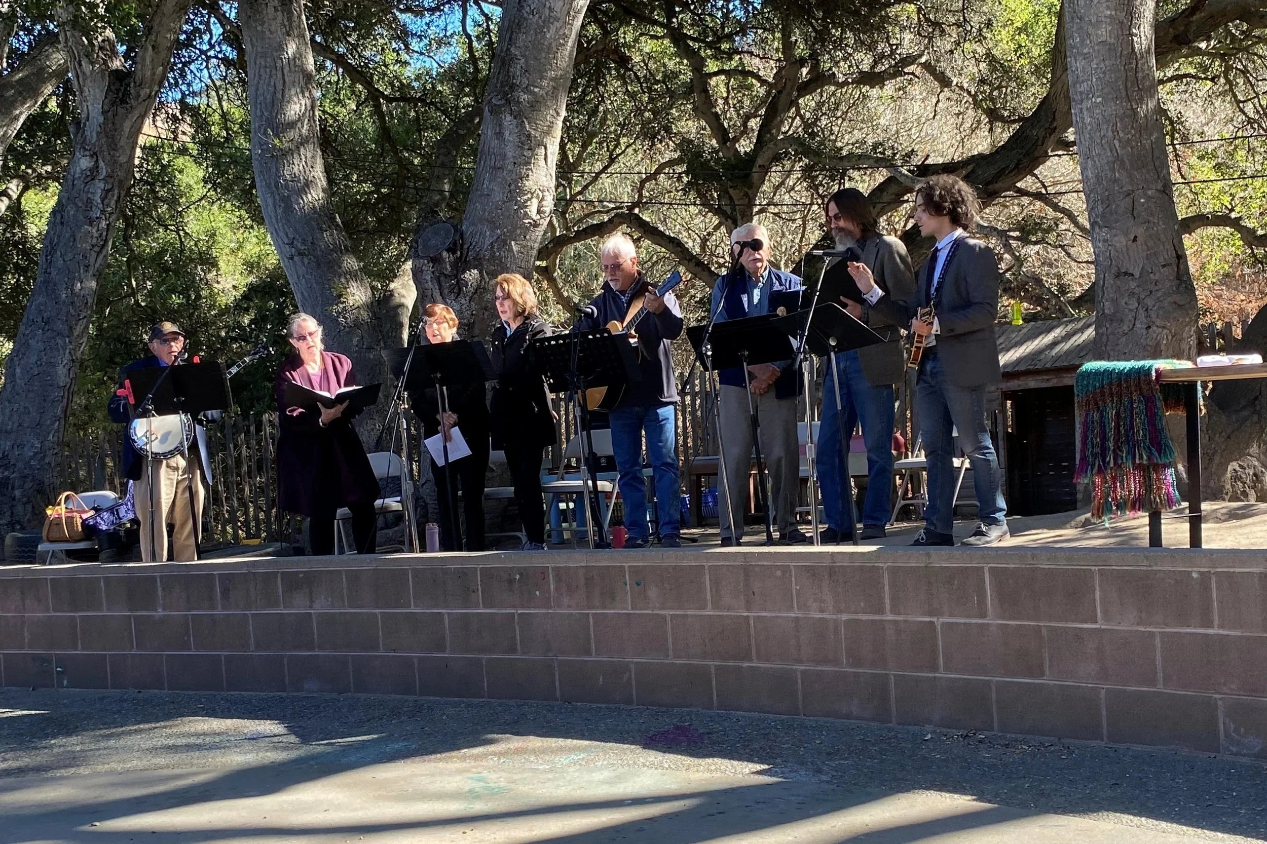 Group of seven people performing music outdoors under a large tree, with various musical instruments and sheet music stands.