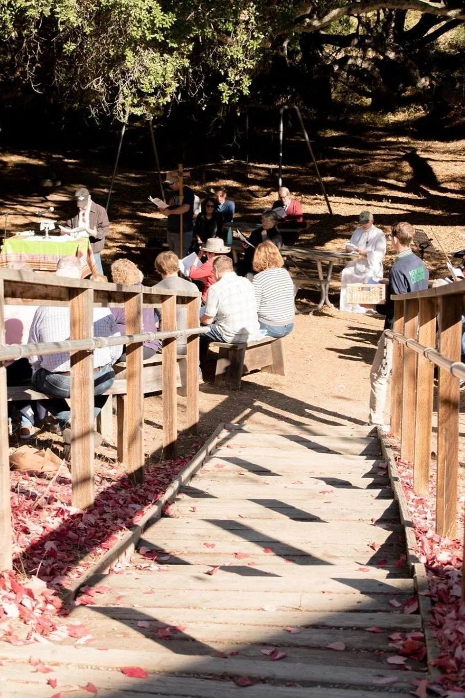 A group of people gathered outdoors, some sitting on benches and others standing, during a ceremony or event at a park or wooded area, with a man speaking or reading at a podium covered with colorful cloth.